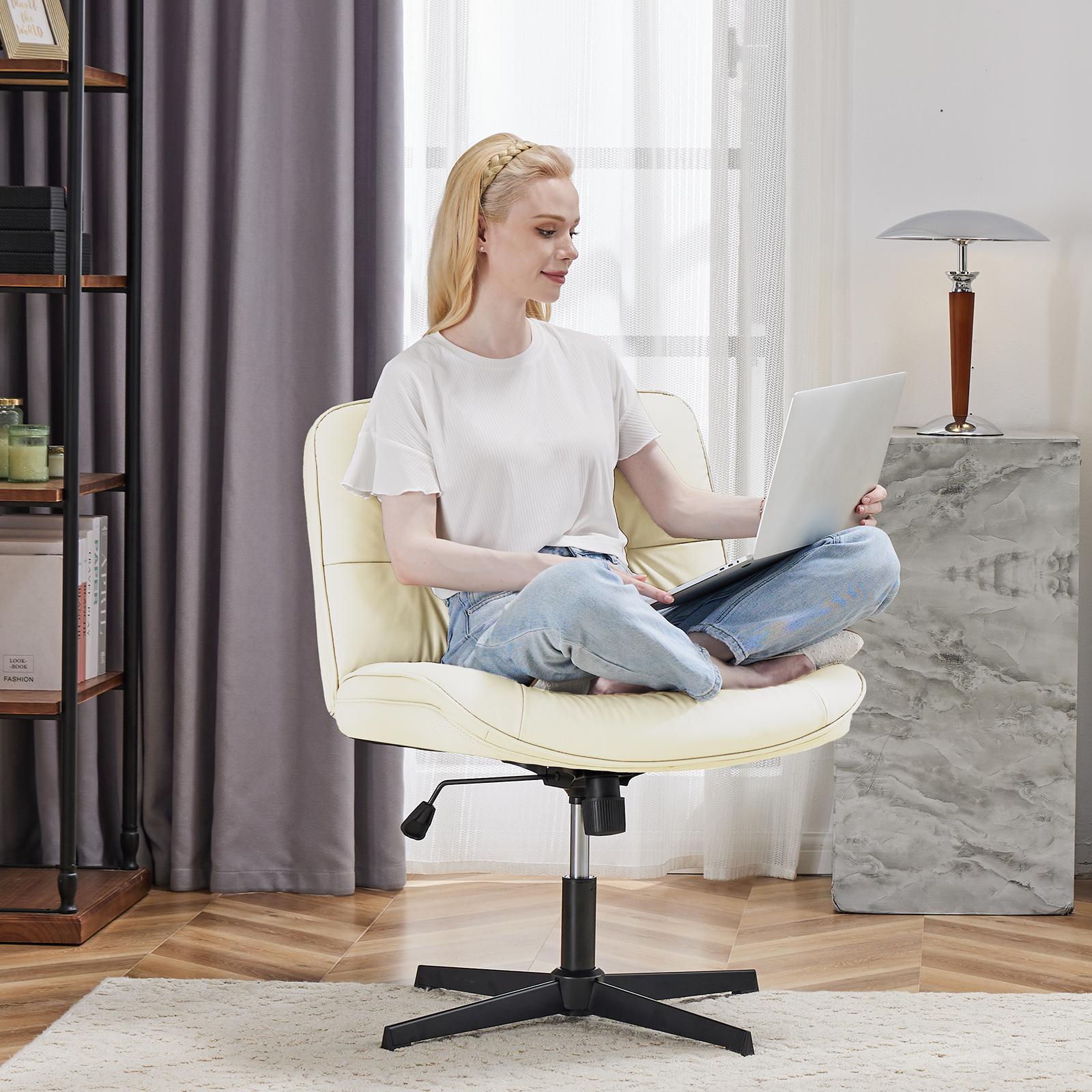 Simple Criss Cross Legged Chair, Armless Office Desk Wide Seat No Wheels, Swivel Height Adjustable Comfy