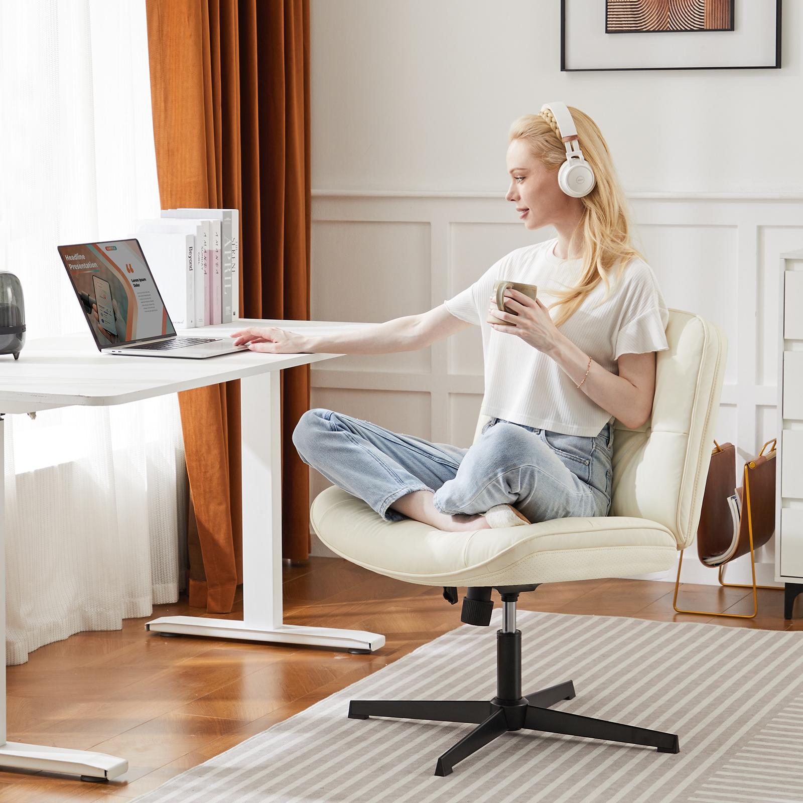 Simple Criss Cross Legged Chair, Armless Office Desk Wide Seat No Wheels, Swivel Height Adjustable Comfy