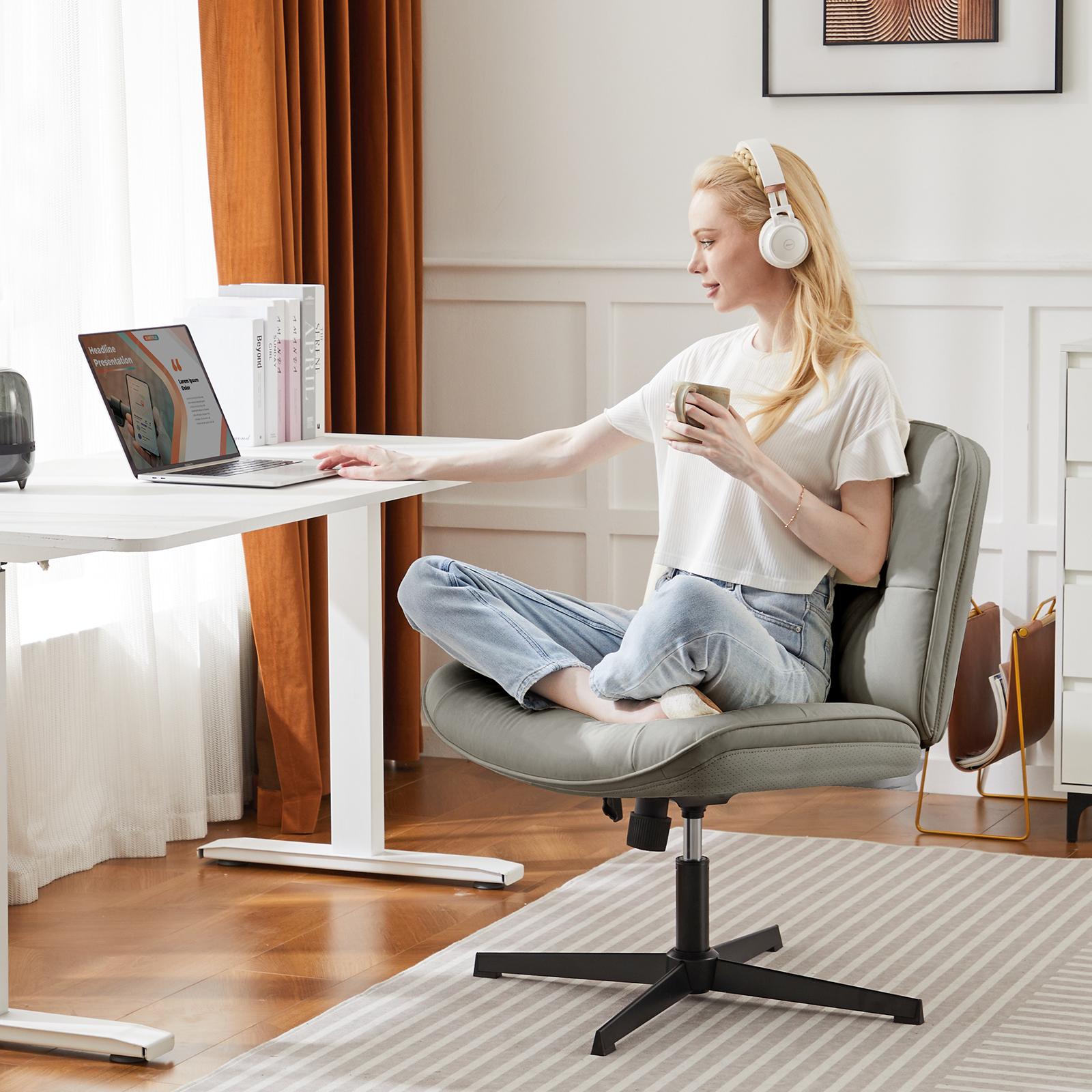 Simple Criss Cross Legged Chair, Armless Office Desk Wide Seat No Wheels, Swivel Height Adjustable Comfy