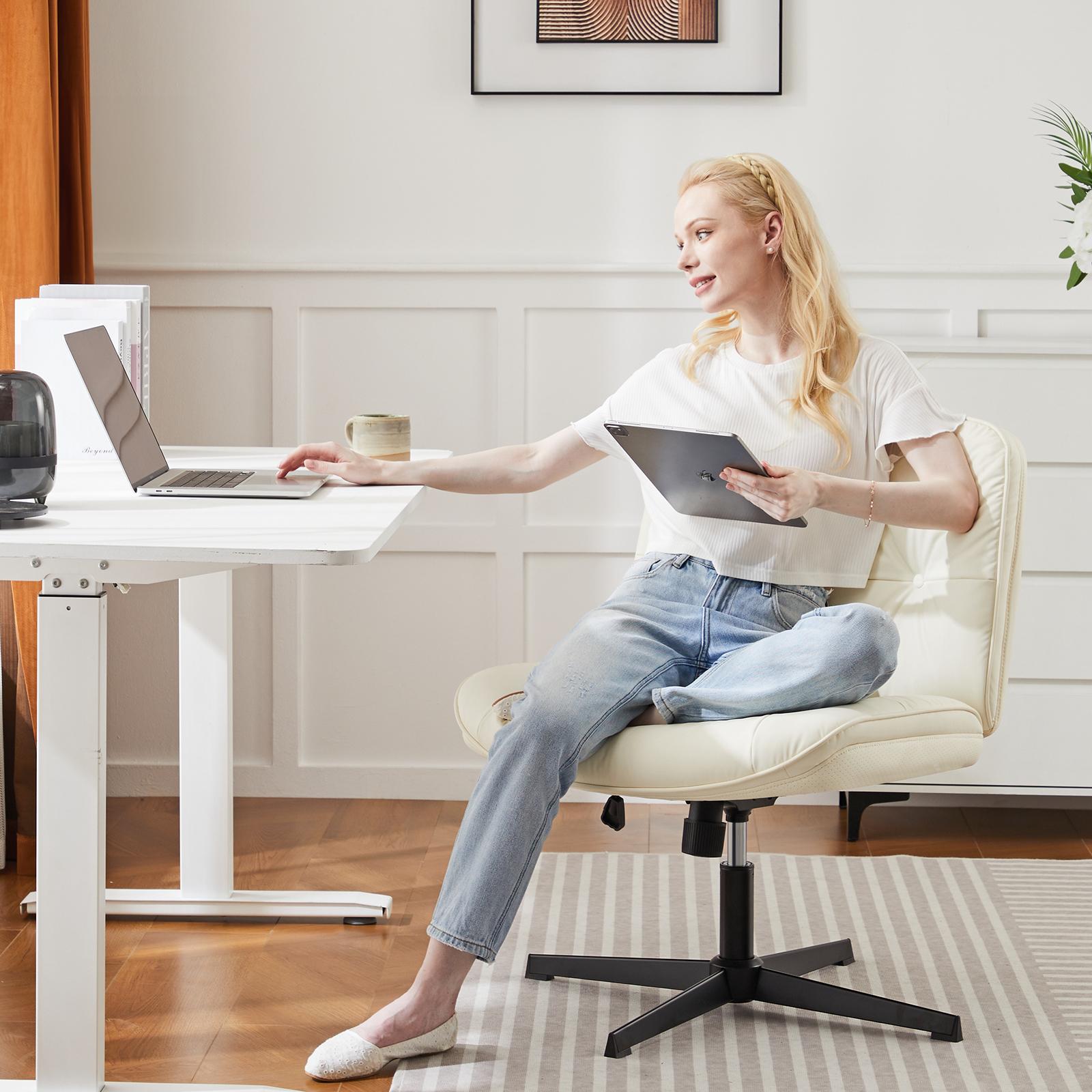 Simple Criss Cross Legged Chair, Armless Office Desk Wide Seat No Wheels, Swivel Height Adjustable Comfy