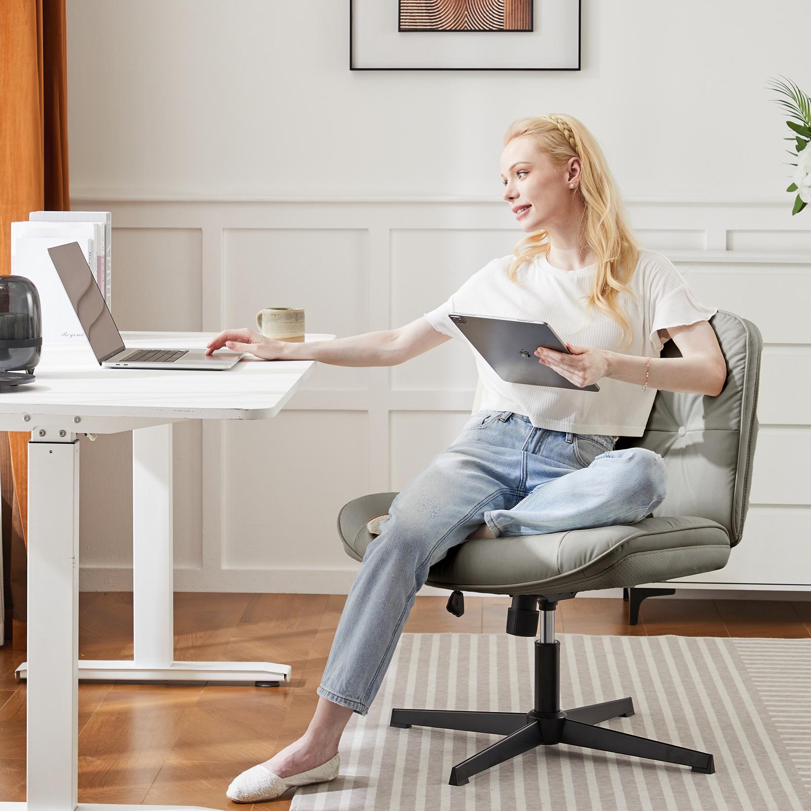 Simple Criss Cross Legged Chair, Armless Office Desk Wide Seat No Wheels, Swivel Height Adjustable Comfy