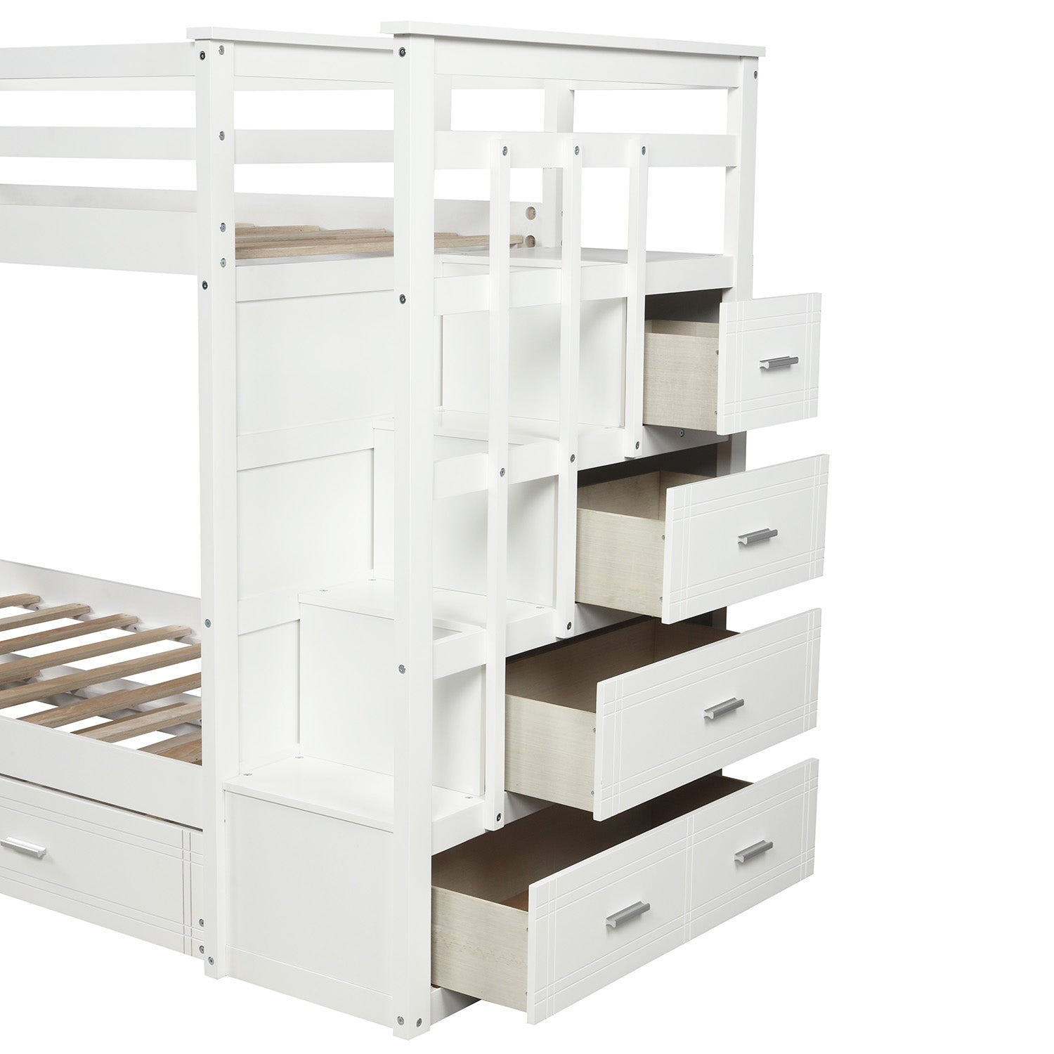 Solid Wood Bunk Bed for Kids, Hardwood Twin Over Twin Bunk Bed with Trundle and Staircase, Natural White Finish