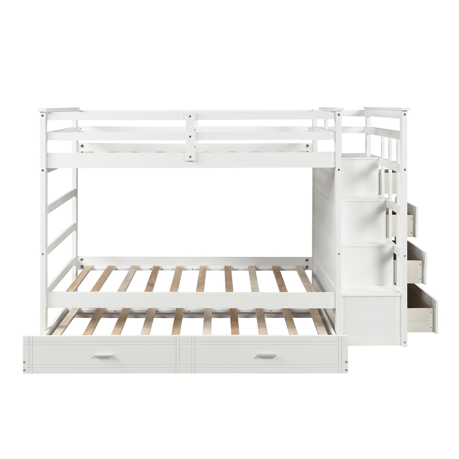 Solid Wood Bunk Bed for Kids, Hardwood Twin Over Twin Bunk Bed with Trundle and Staircase, Natural White Finish