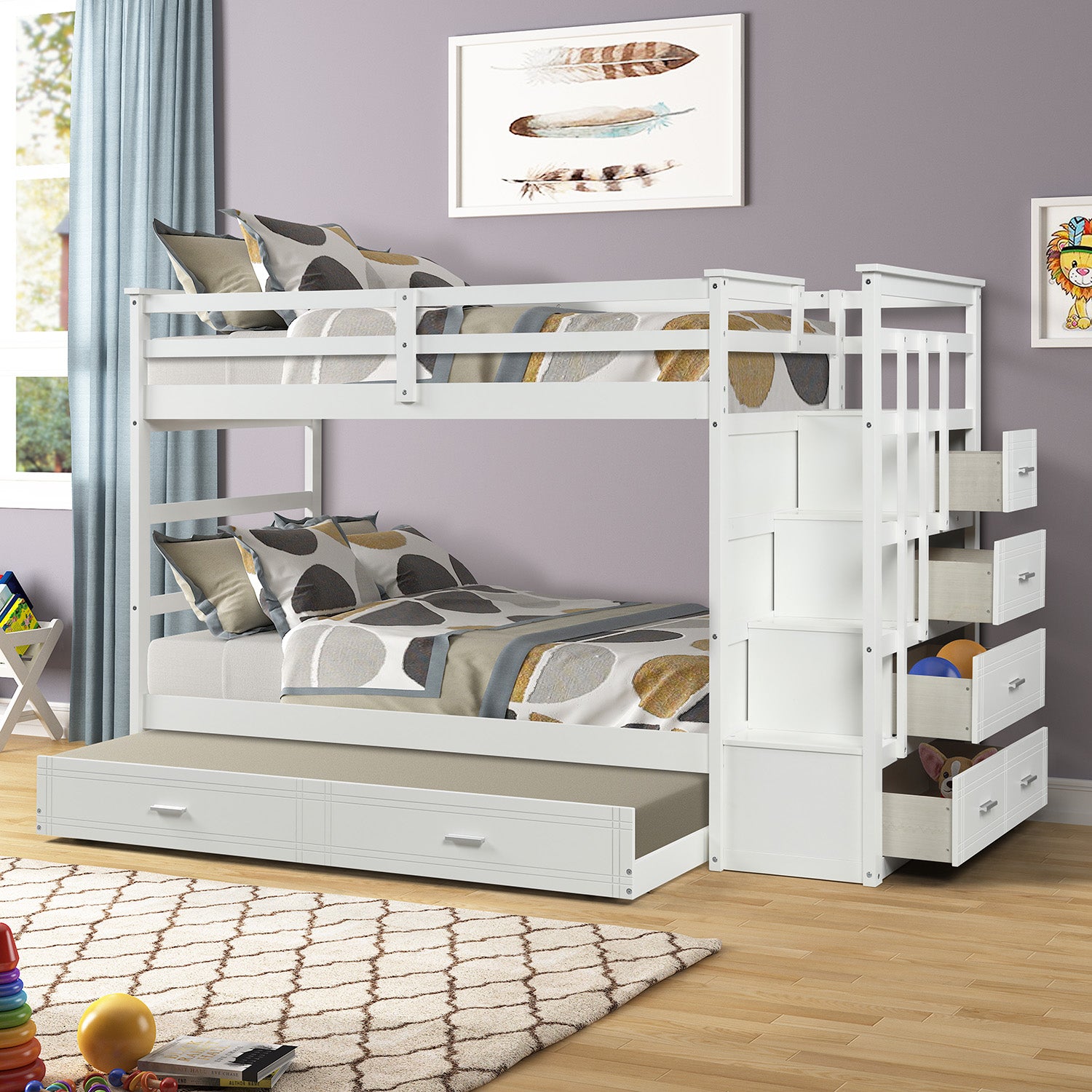 Solid Wood Bunk Bed for Kids, Hardwood Twin Over Twin Bunk Bed with Trundle and Staircase, Natural White Finish