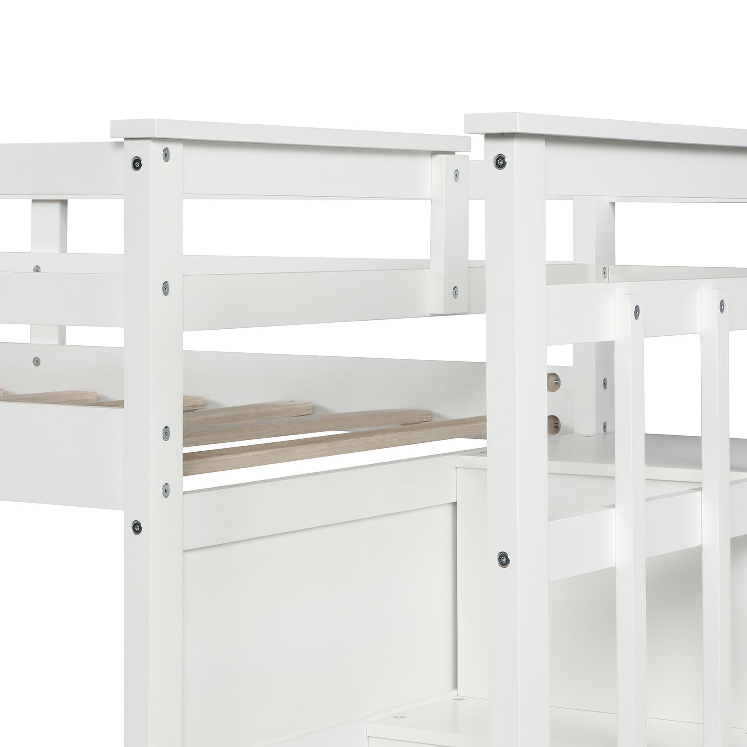 Solid Wood Bunk Bed for Kids, Hardwood Twin Over Twin Bunk Bed with Trundle and Staircase, Natural White Finish