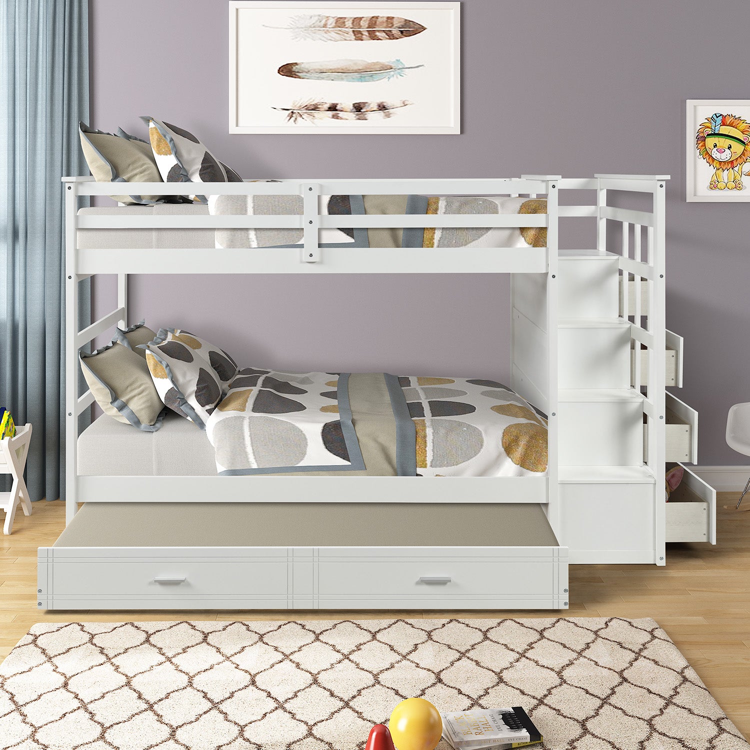 Solid Wood Bunk Bed for Kids, Hardwood Twin Over Twin Bunk Bed with Trundle and Staircase, Natural White Finish