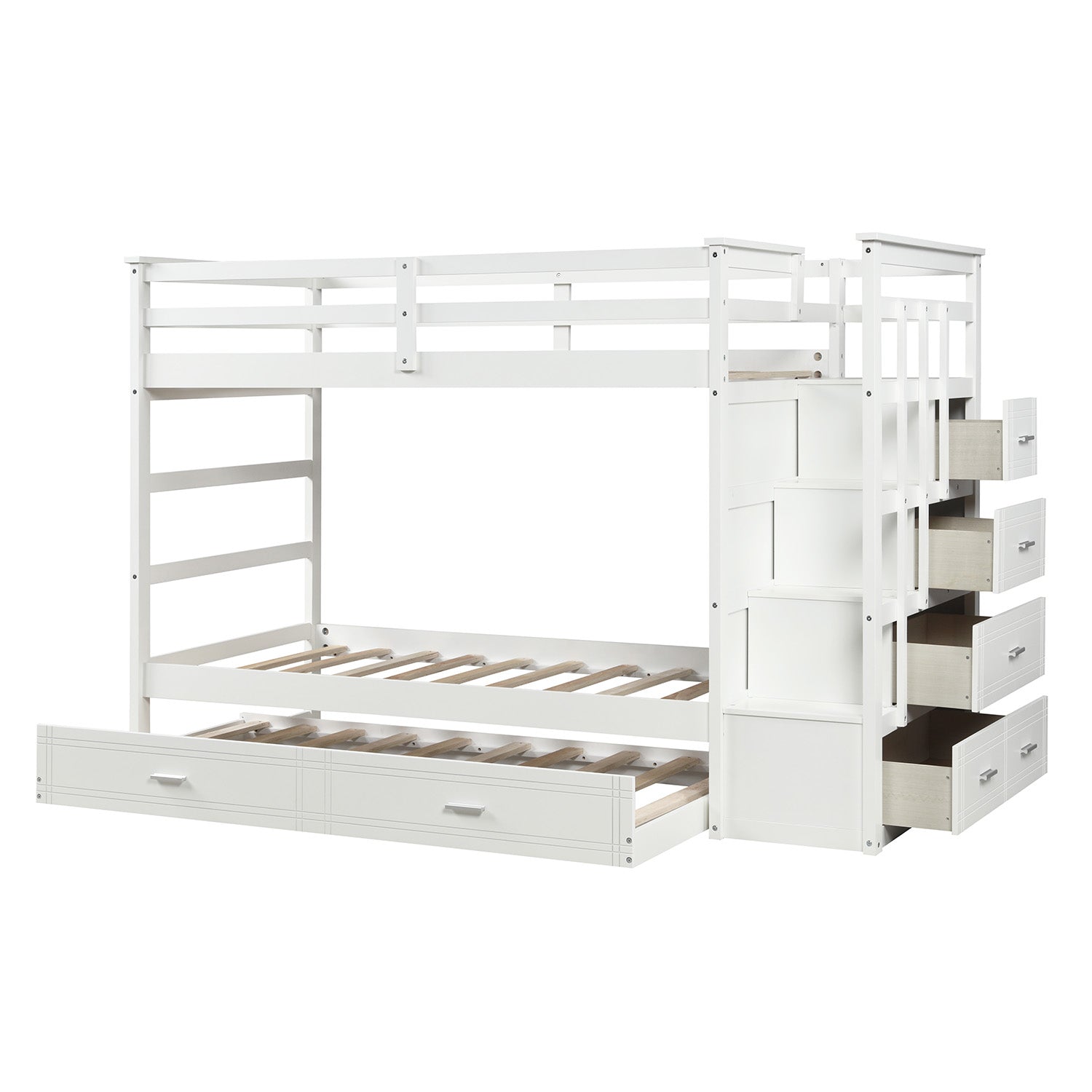 Solid Wood Bunk Bed for Kids, Hardwood Twin Over Twin Bunk Bed with Trundle and Staircase, Natural White Finish