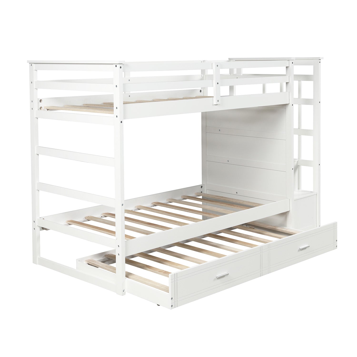 Solid Wood Bunk Bed for Kids, Hardwood Twin Over Twin Bunk Bed with Trundle and Staircase, Natural White Finish