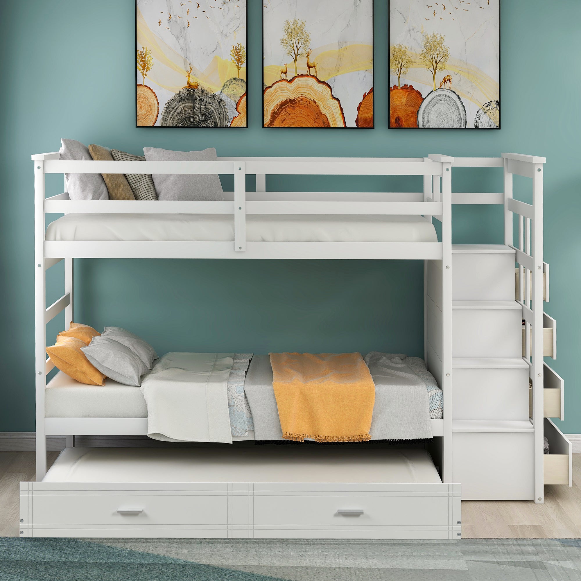 Solid Wood Bunk Bed for Kids, Hardwood Twin Over Twin Bunk Bed with Trundle and Staircase, Natural White Finish