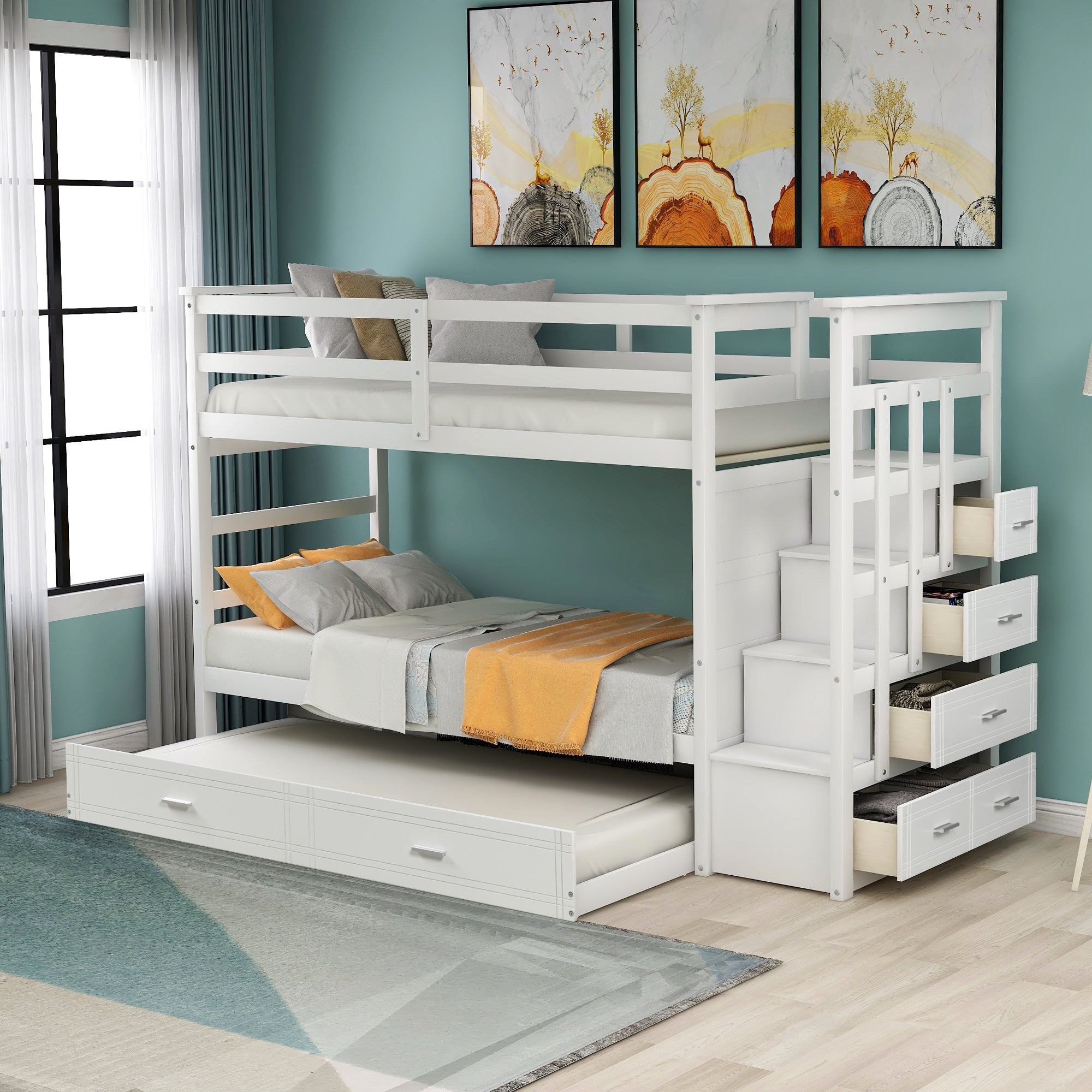 Solid Wood Bunk Bed for Kids, Hardwood Twin Over Twin Bunk Bed with Trundle and Staircase, Natural White Finish