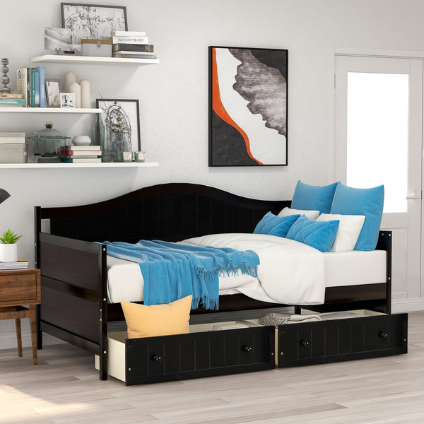 Twin Wooden Daybed with 2 drawers,Sofa Bed for Bedroom Living Room,No Box Spring Needed,Espresso