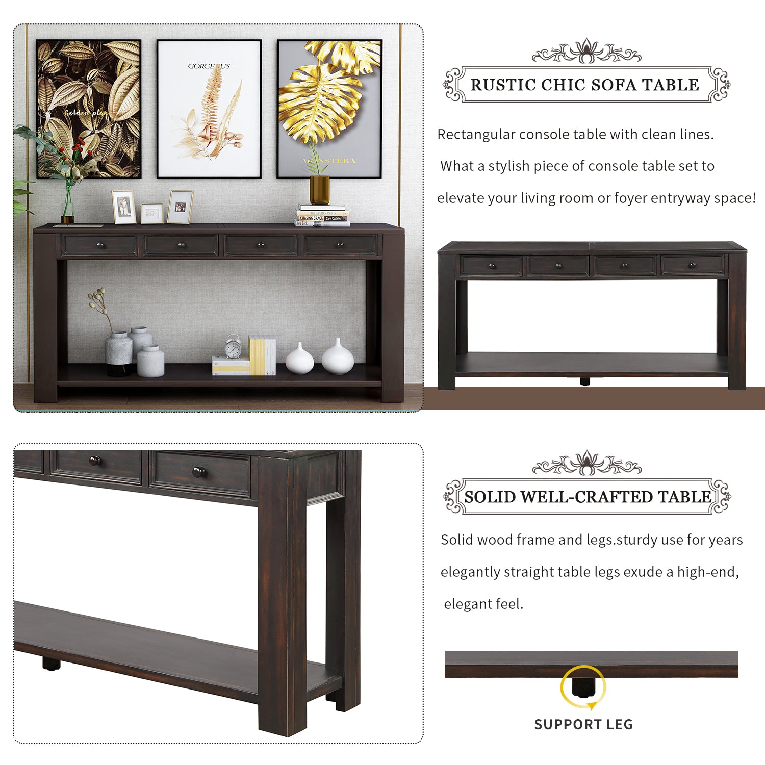 Console Table for Entryway Hallway Sofa Table with Storage Drawers and Bottom Shelf (Black)