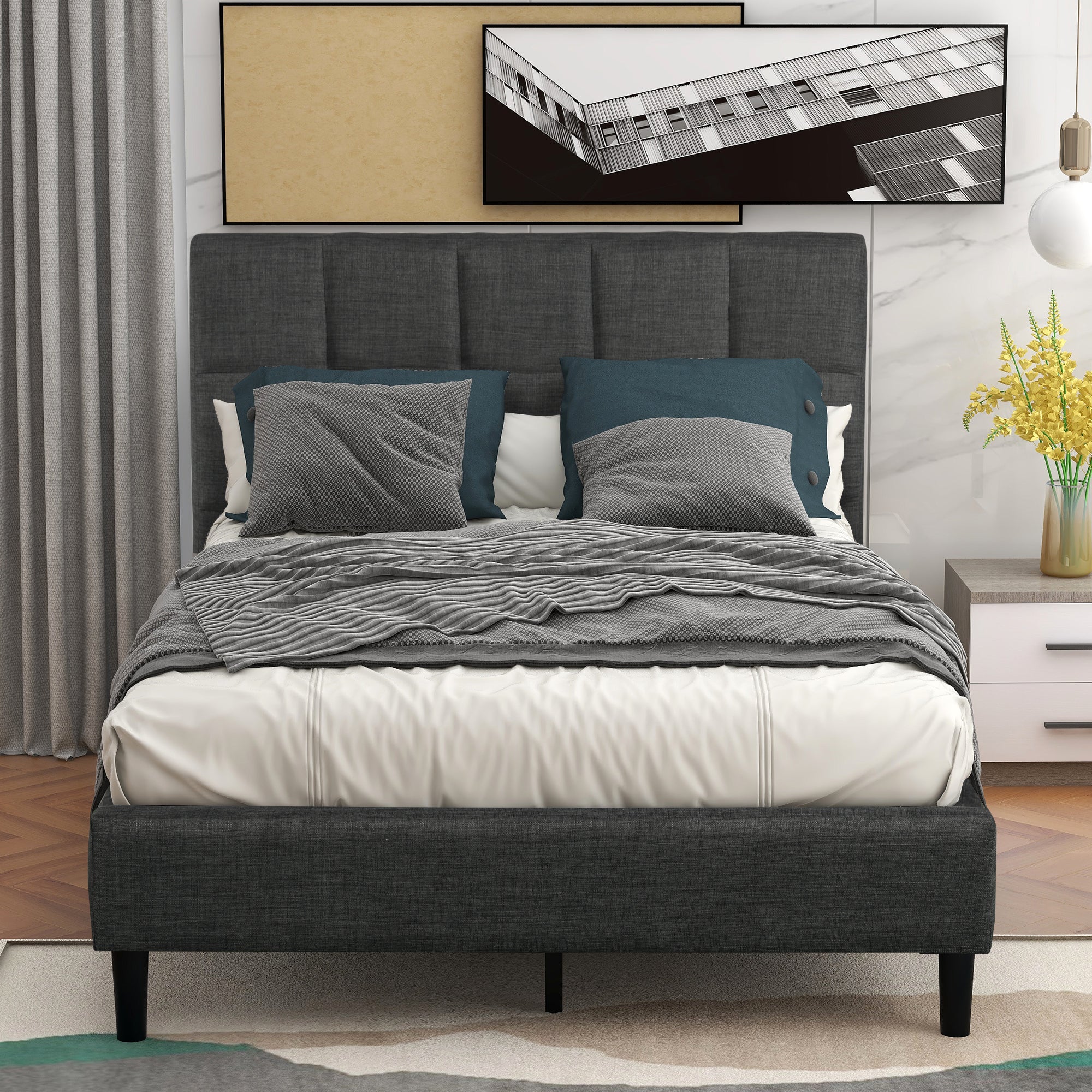 Upholstered Diamond Stitched Platform Bed (Twin, Gray)