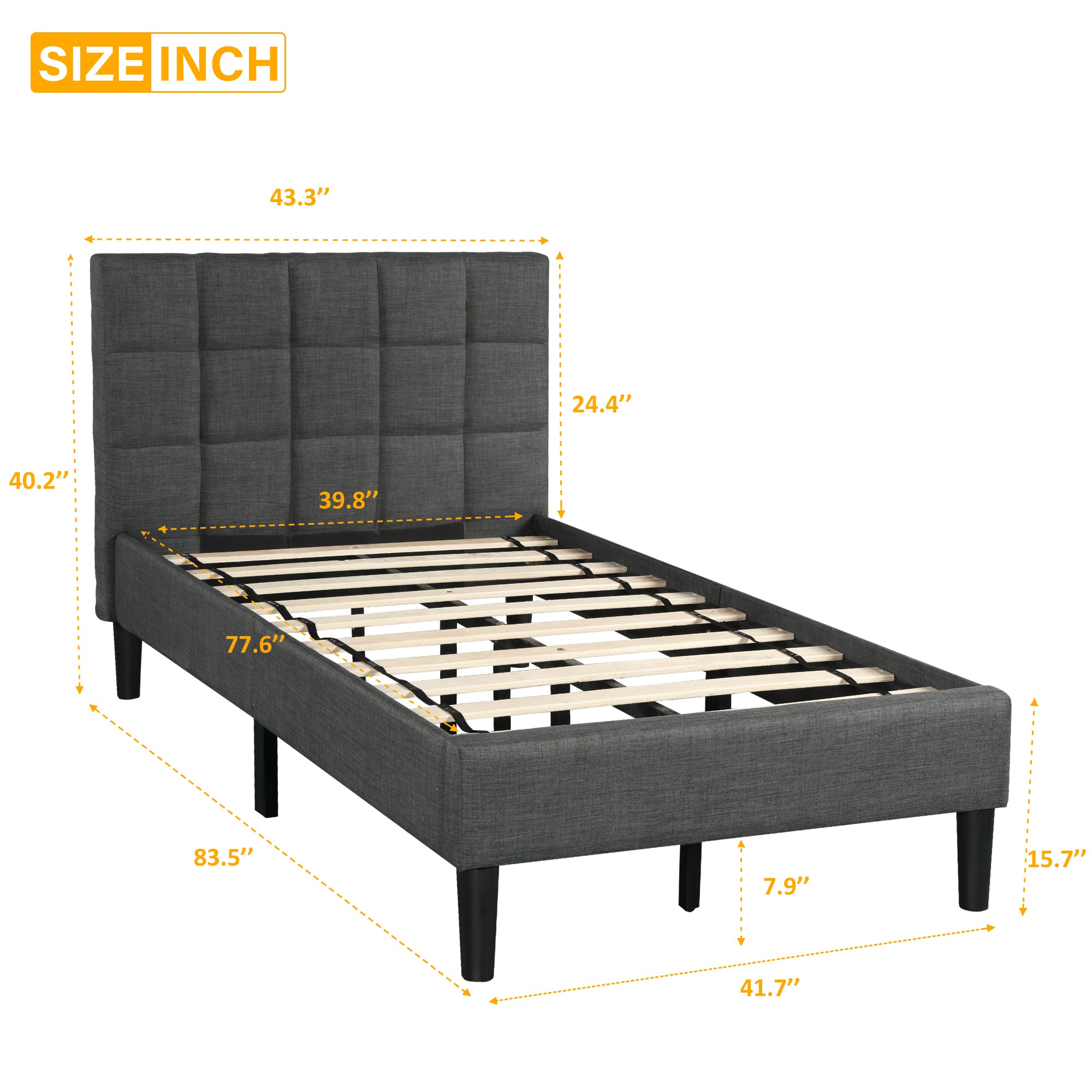 Upholstered Diamond Stitched Platform Bed (Twin, Gray)