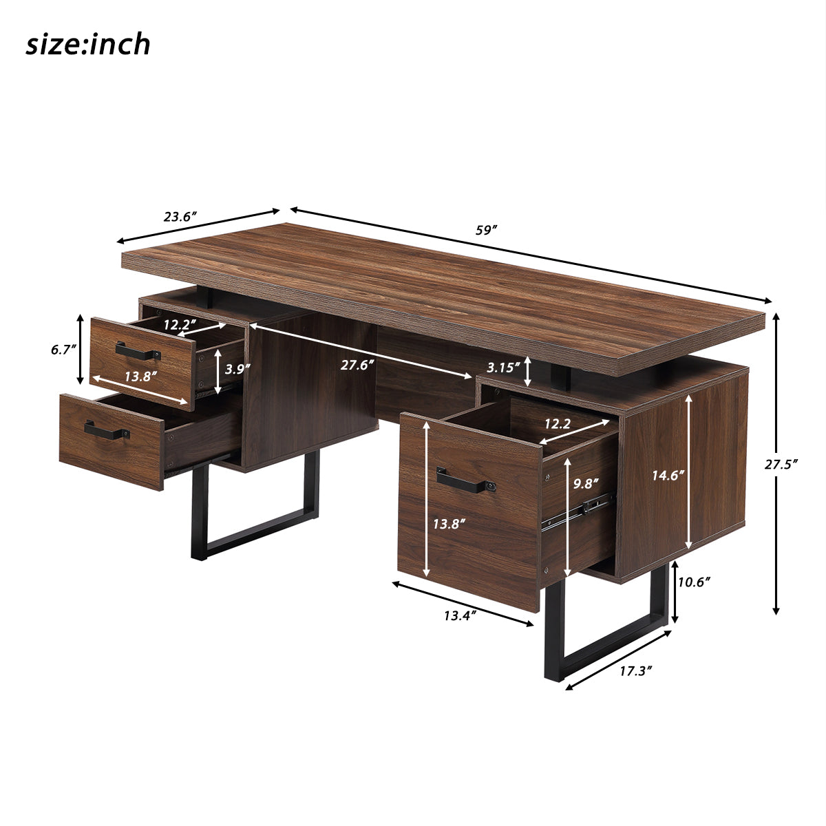 Home Office Computer Desk with drawers/hanging letter-size files/59 inch Writing Study Table with Drawers