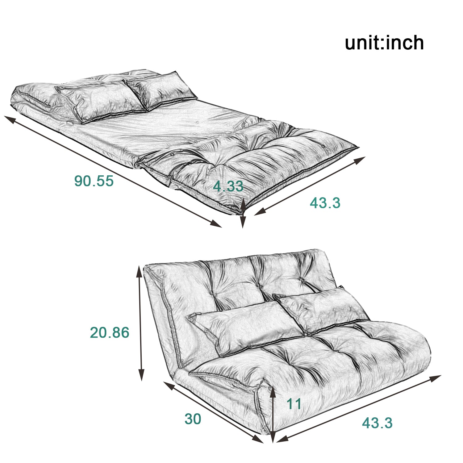 Sofa Bed Adjustable Folding Futon Sofa Leisure Sofa Bed with Two Pillows