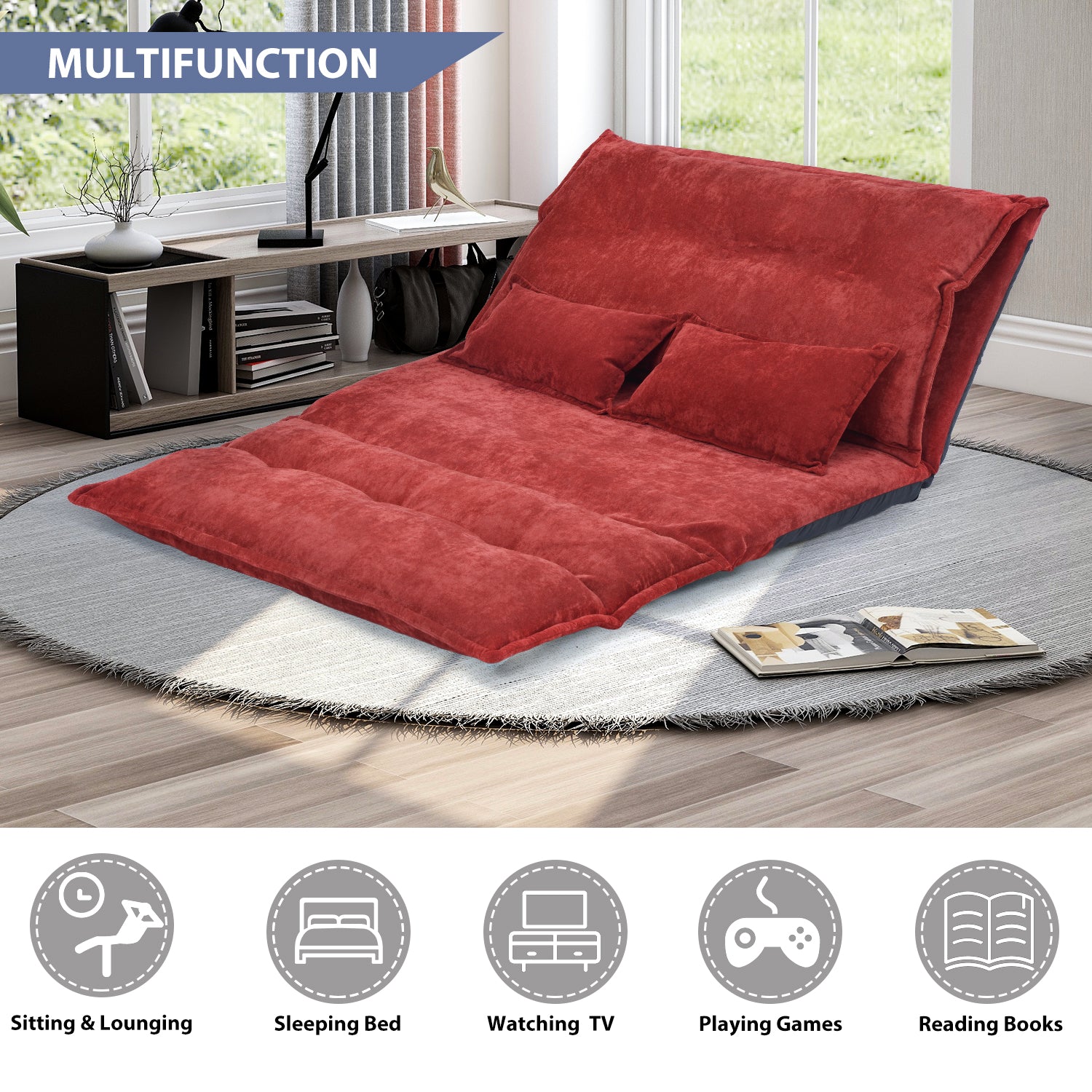 Sofa Bed Adjustable Folding Futon Sofa Leisure Sofa Bed with Two Pillows