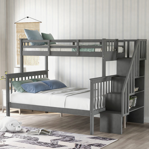 Stairway Twin-Over-Full Bunk Bed with Storage and Guard Rail for Bedroom, Dorm, for Kids, Adults, Gray color