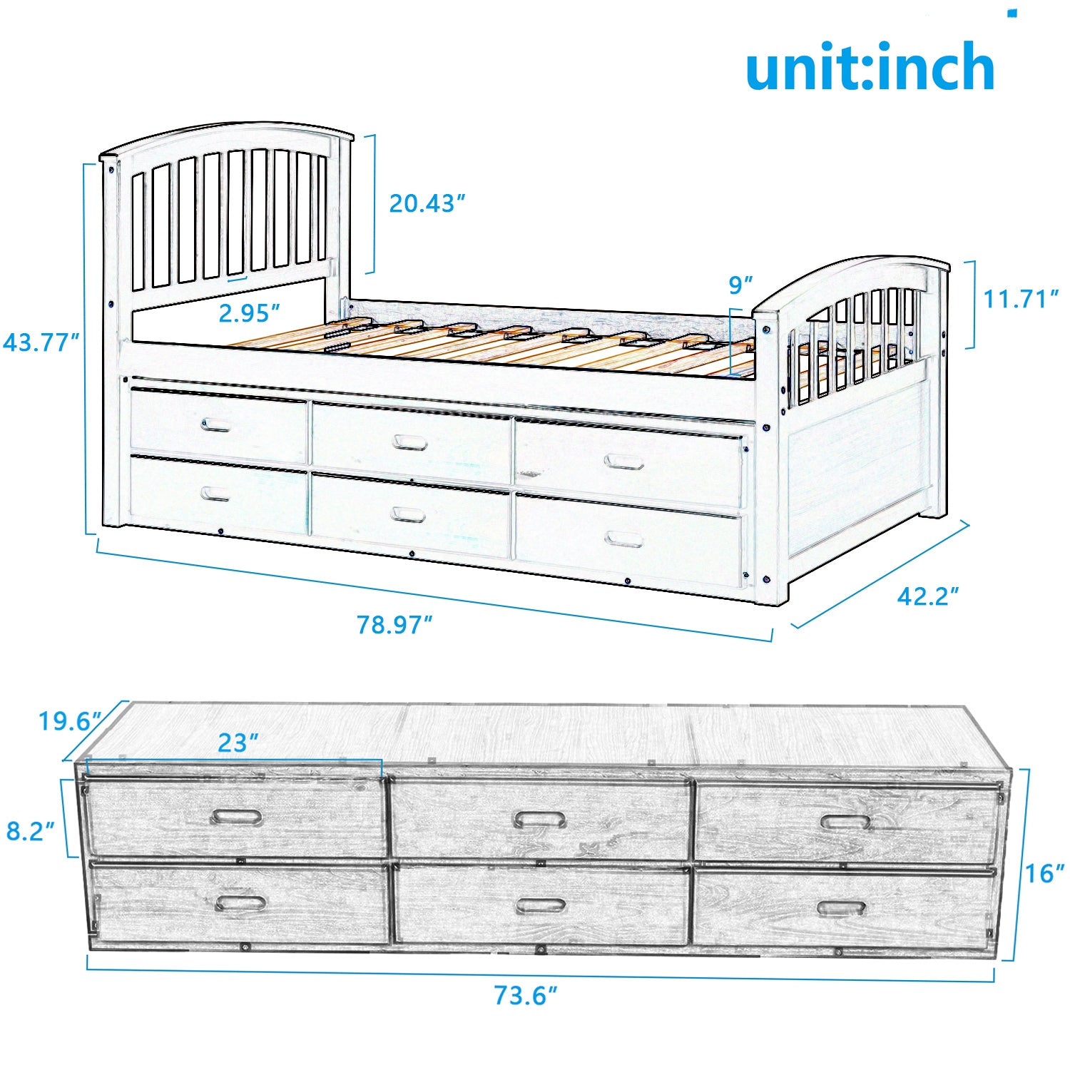 Twin Size Platform Storage Bed Solid Wood Bed with 6 Drawers