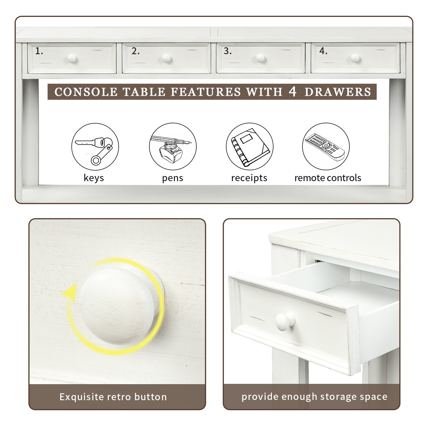 Console Table for Entryway Hallway Sofa Table with Storage Drawers and Bottom Shelf ( Antique White)