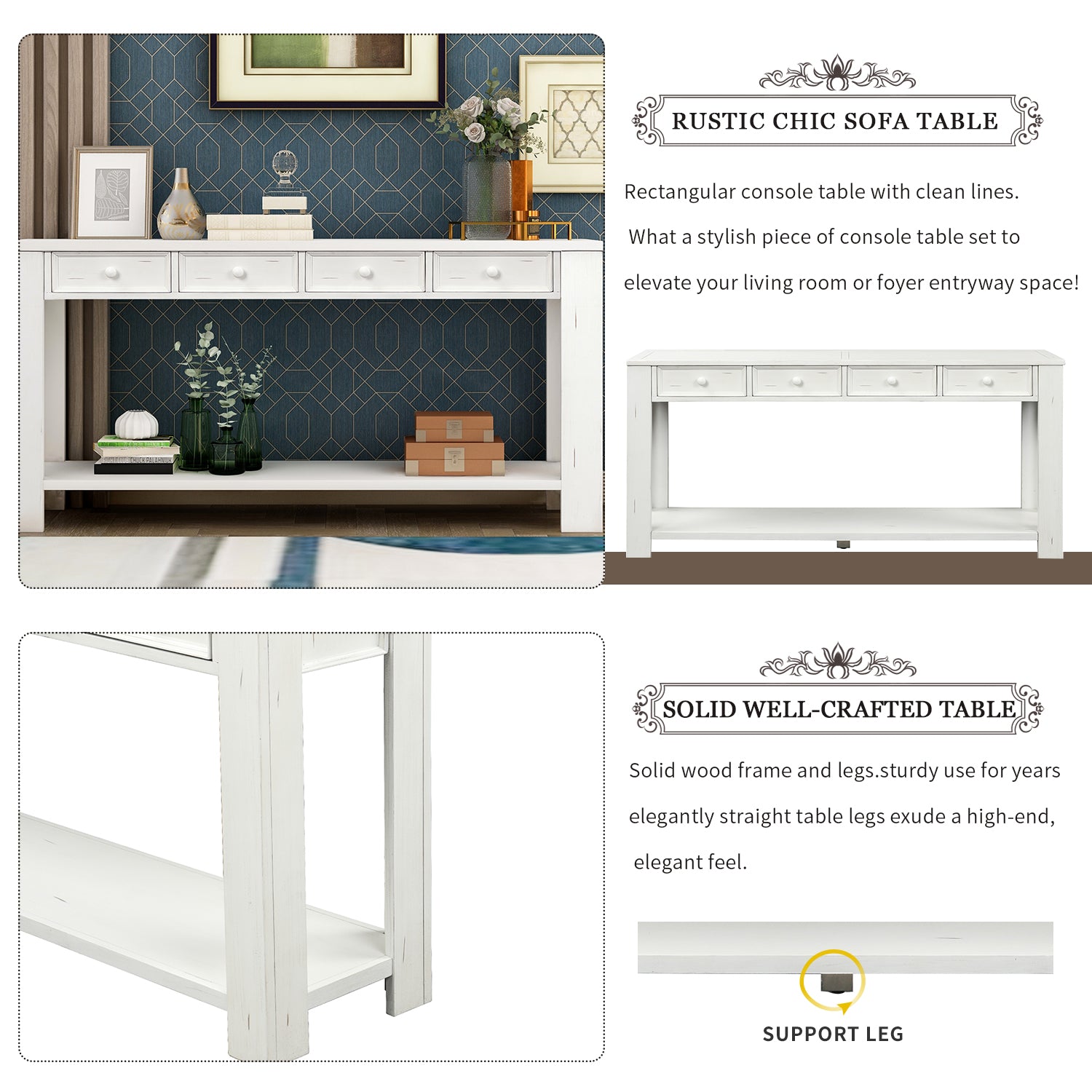 Console Table for Entryway Hallway Sofa Table with Storage Drawers and Bottom Shelf ( Antique White)