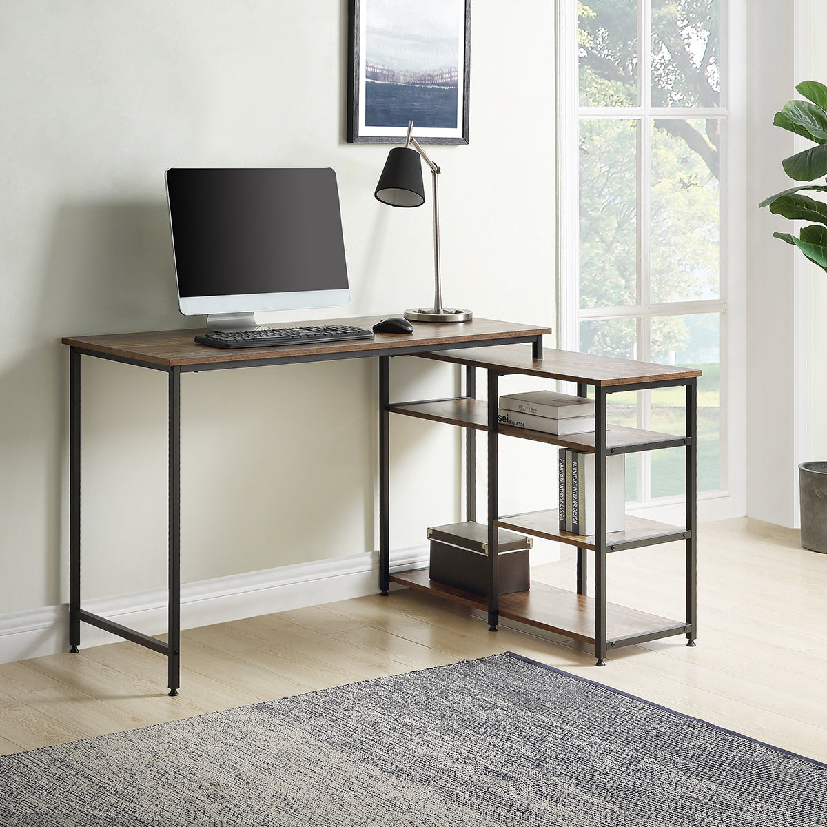 Home Office  L-Shaped Computer desk,Left or Right Set Up, Vintage Brown Industrial Style Corner Desk with Open Shelves , 47& L(Brown)