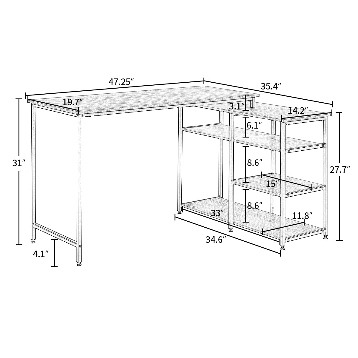 Home Office  L-Shaped Computer desk,Left or Right Set Up, Vintage Brown Industrial Style Corner Desk with Open Shelves , 47& L(Brown)