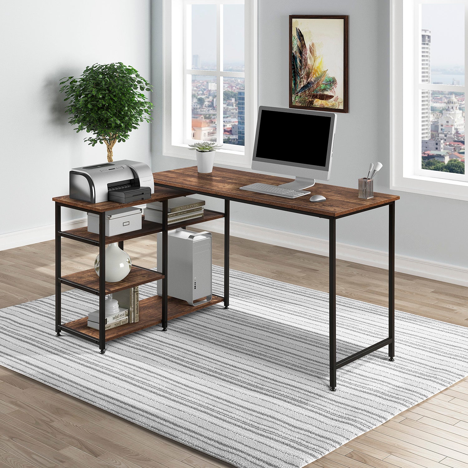 Home Office  L-Shaped Computer desk,Left or Right Set Up, Vintage Brown Industrial Style Corner Desk with Open Shelves , 47& L(Brown)