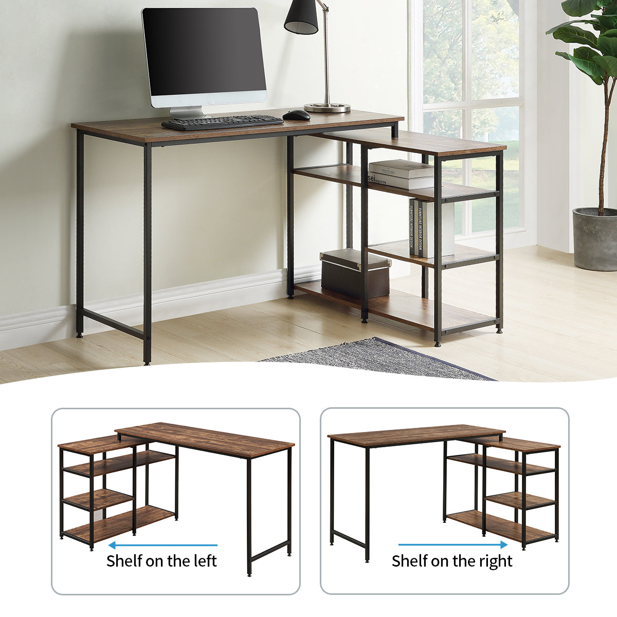 Home Office  L-Shaped Computer desk,Left or Right Set Up, Vintage Brown Industrial Style Corner Desk with Open Shelves , 47& L(Brown)