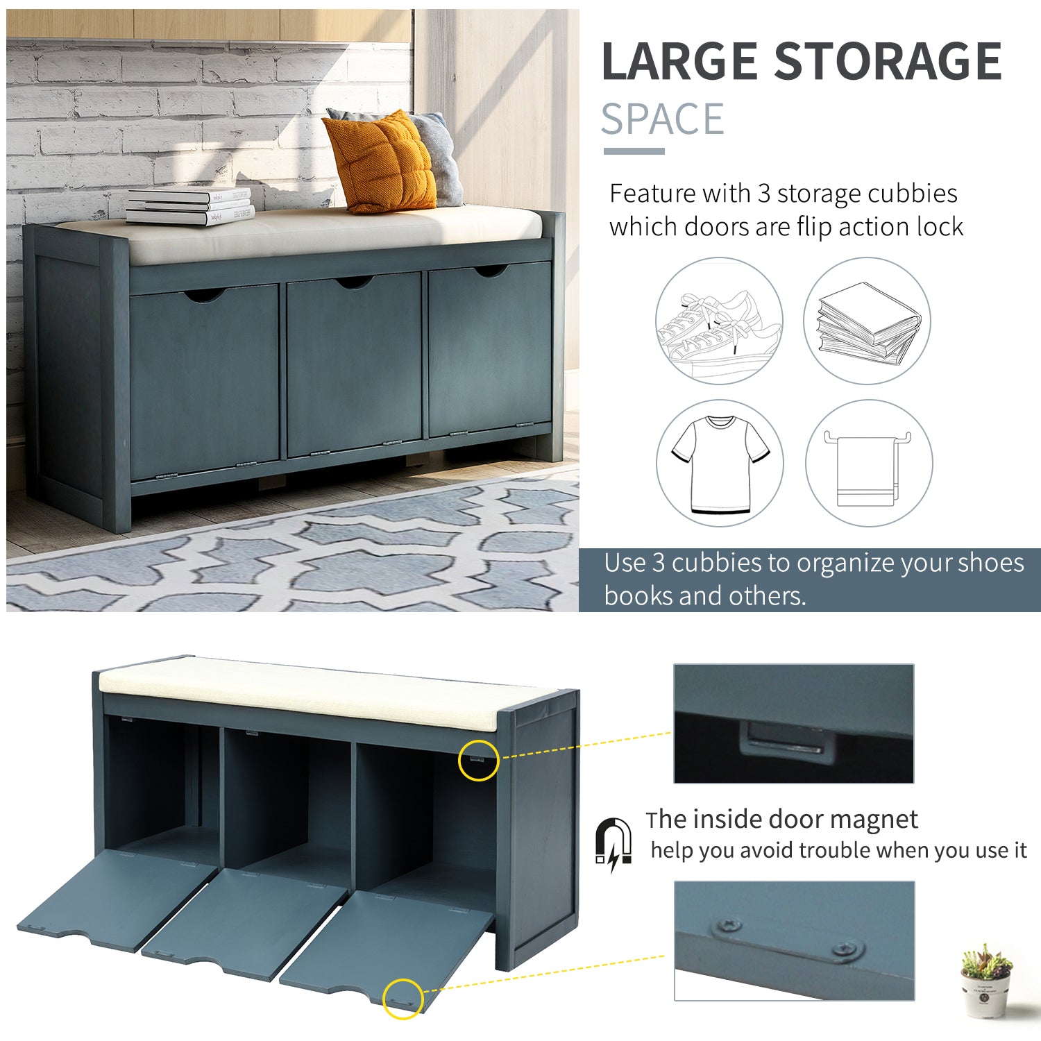 Storage Bench with Removale Cushion and 3 Flip Lock Storage Cubbies for Living Room, Entryway (Antique Navy)