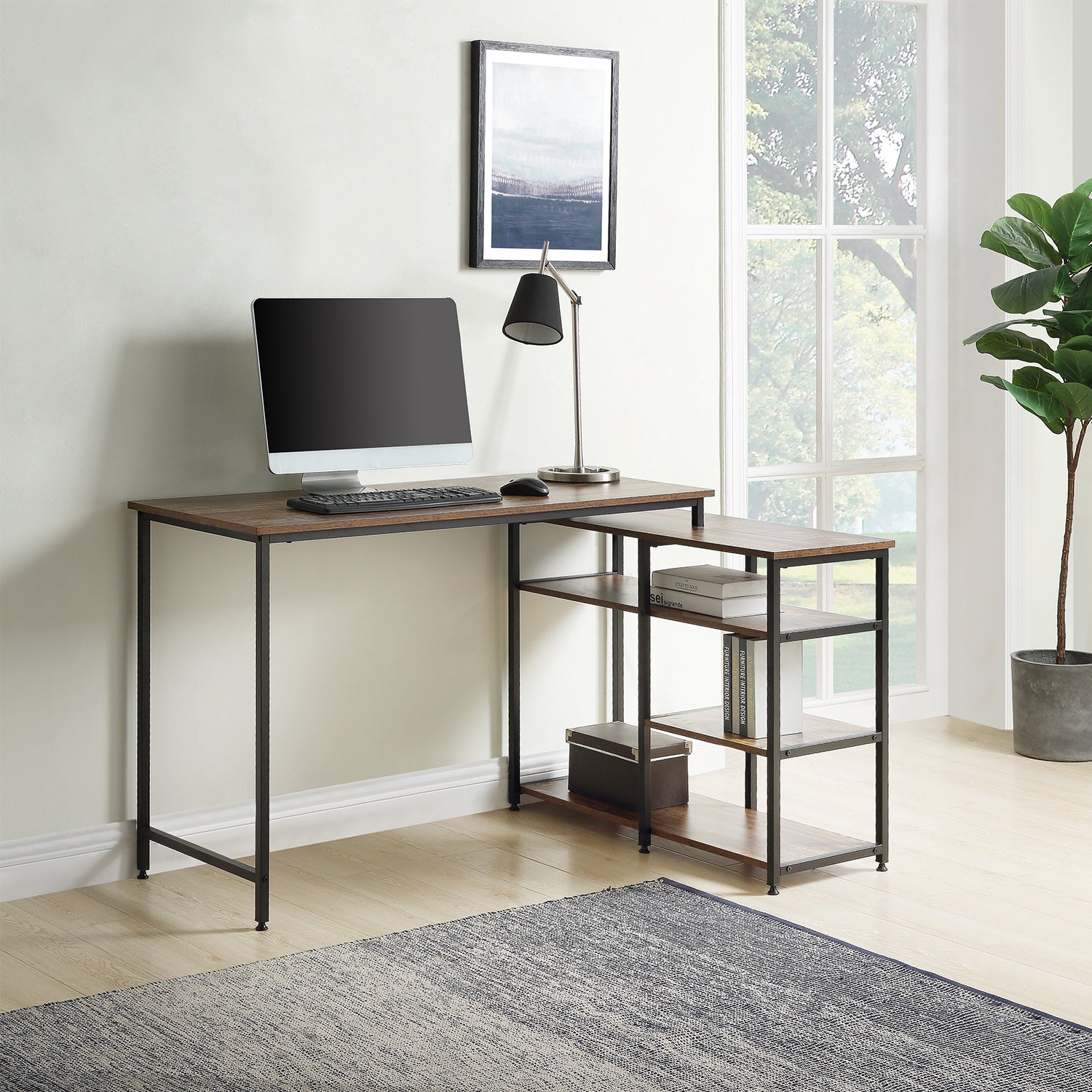 Home Office  L-Shaped Computer desk,Left or Right Set Up, Vintage Brown Industrial Style Corner Desk with Open Shelves , 47& L(Brown)