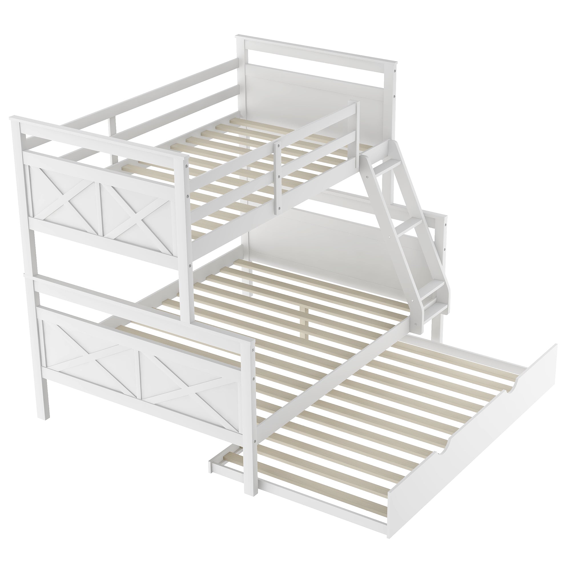 Twin Over Full Bunk Bed with Ladder, Twin Size Trundle, Safety Guardrail, White（New）