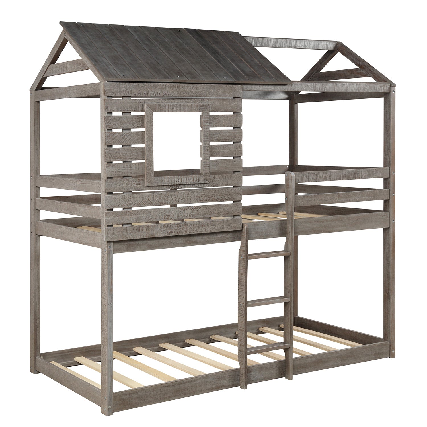 Twin Over Twin Bunk Bed Wood Loft Bed with Roof, Window, Guardrail, Ladder for Kids, Teens, Girls, Boys ( Antique Gray )