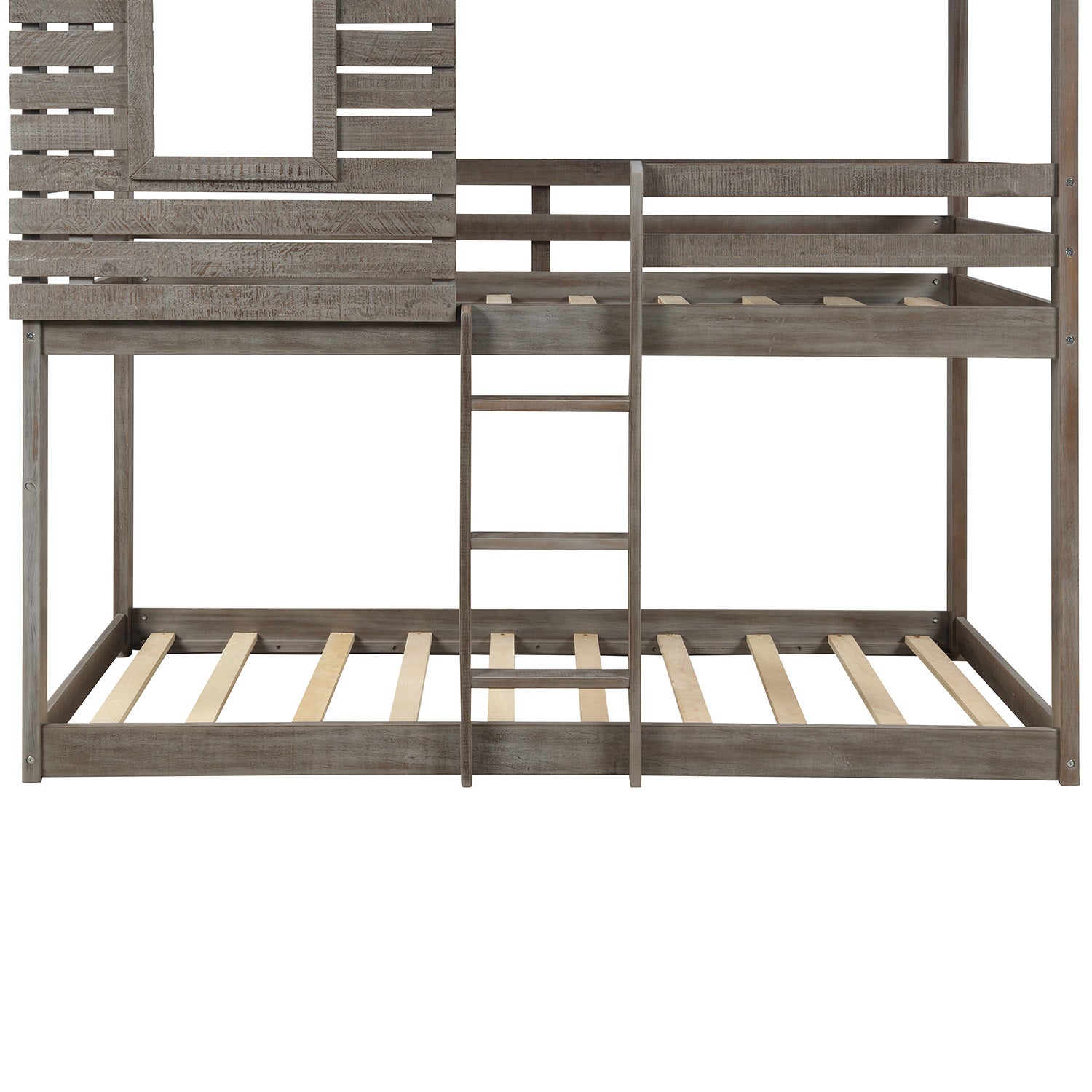 Twin Over Twin Bunk Bed Wood Loft Bed with Roof, Window, Guardrail, Ladder for Kids, Teens, Girls, Boys ( Antique Gray )