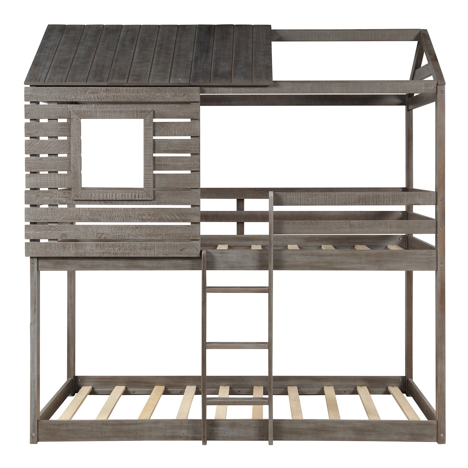 Twin Over Twin Bunk Bed Wood Loft Bed with Roof, Window, Guardrail, Ladder for Kids, Teens, Girls, Boys ( Antique Gray )