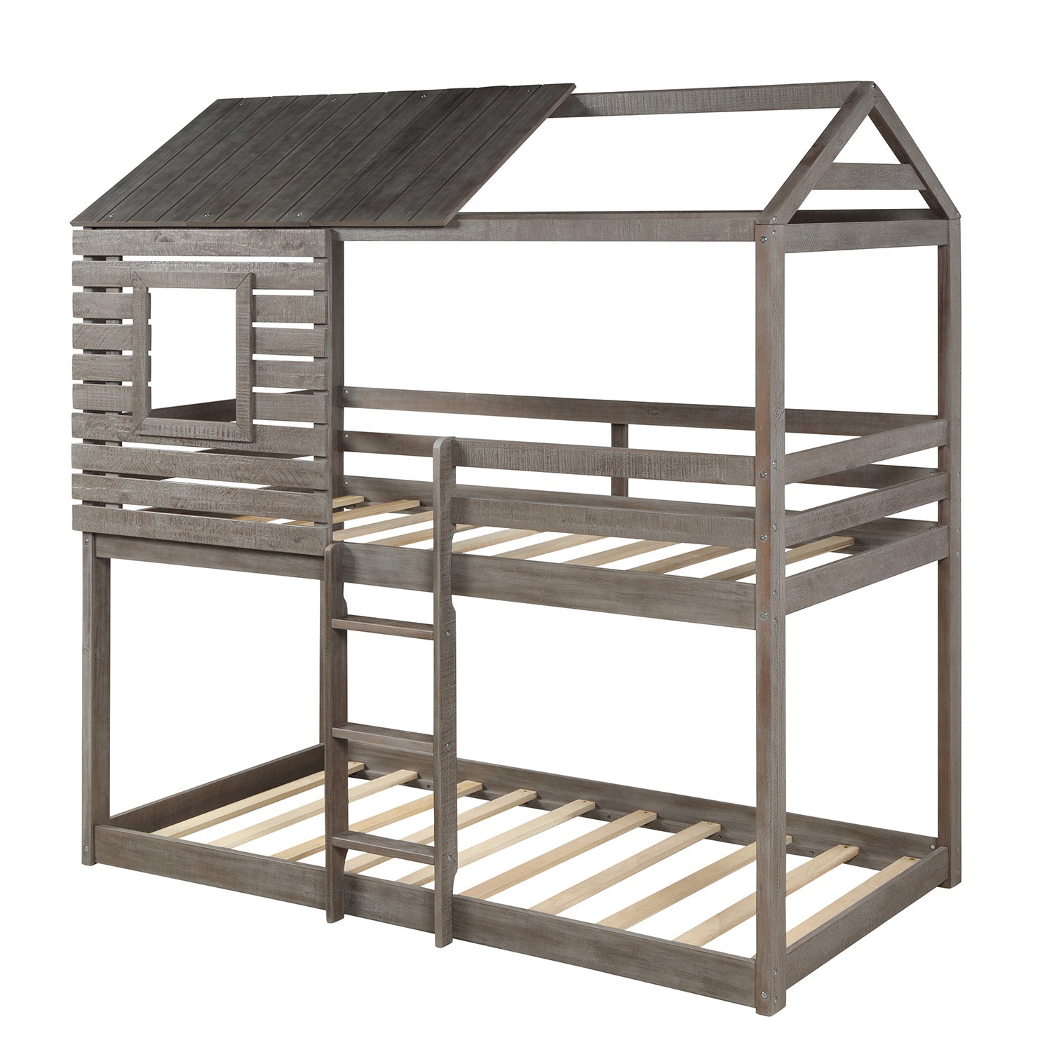 Twin Over Twin Bunk Bed Wood Loft Bed with Roof, Window, Guardrail, Ladder for Kids, Teens, Girls, Boys ( Antique Gray )
