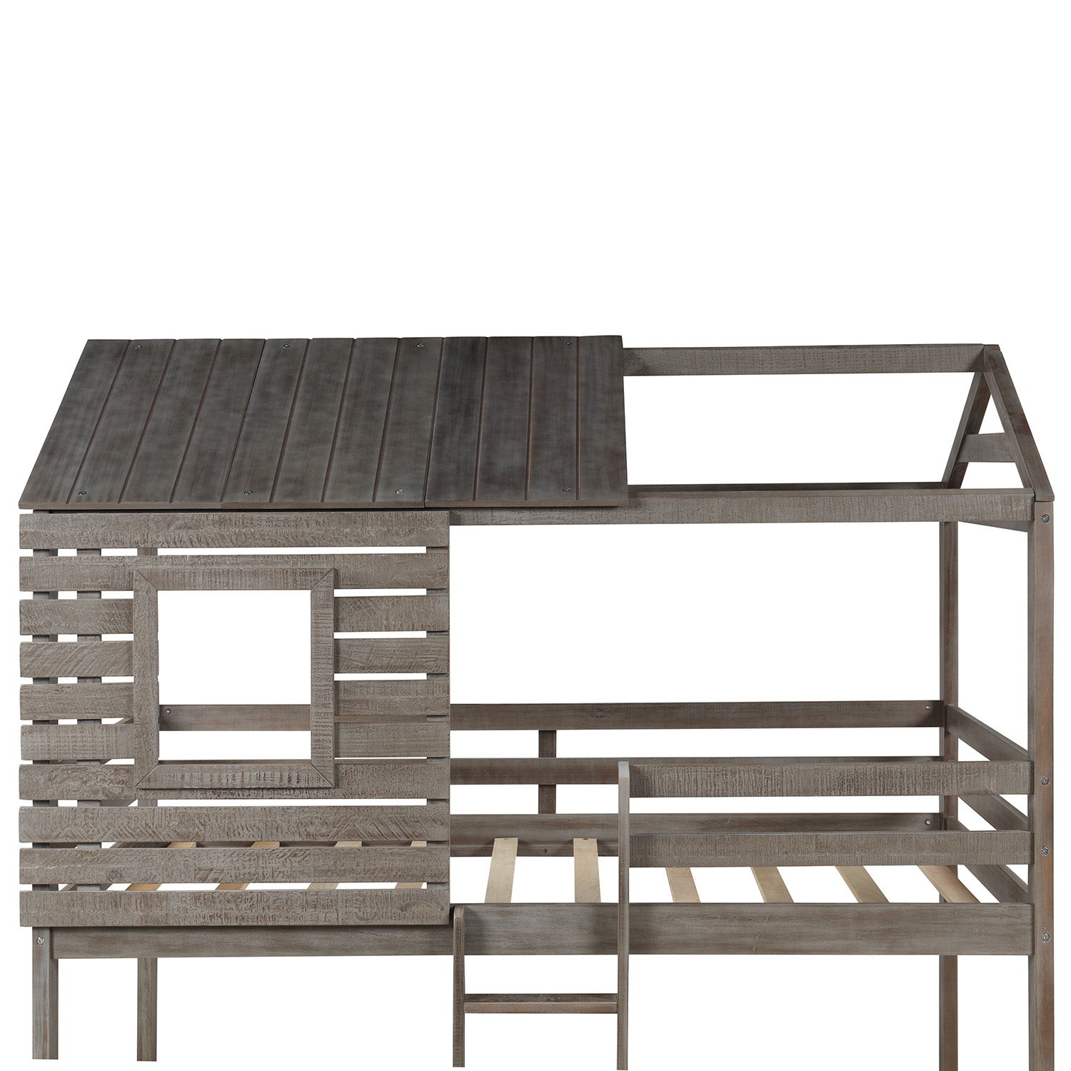 Twin Over Twin Bunk Bed Wood Loft Bed with Roof, Window, Guardrail, Ladder for Kids, Teens, Girls, Boys ( Antique Gray )