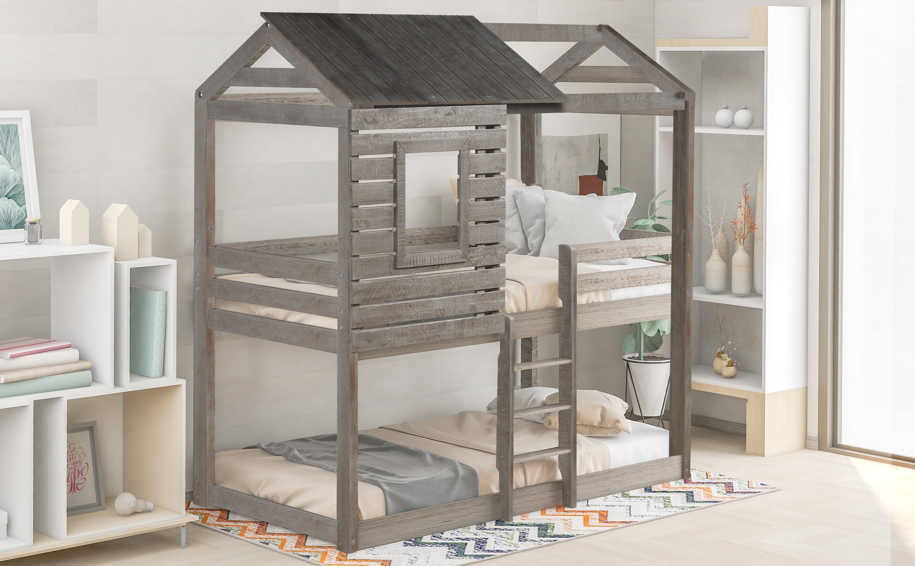 Twin Over Twin Bunk Bed Wood Loft Bed with Roof, Window, Guardrail, Ladder for Kids, Teens, Girls, Boys ( Antique Gray )