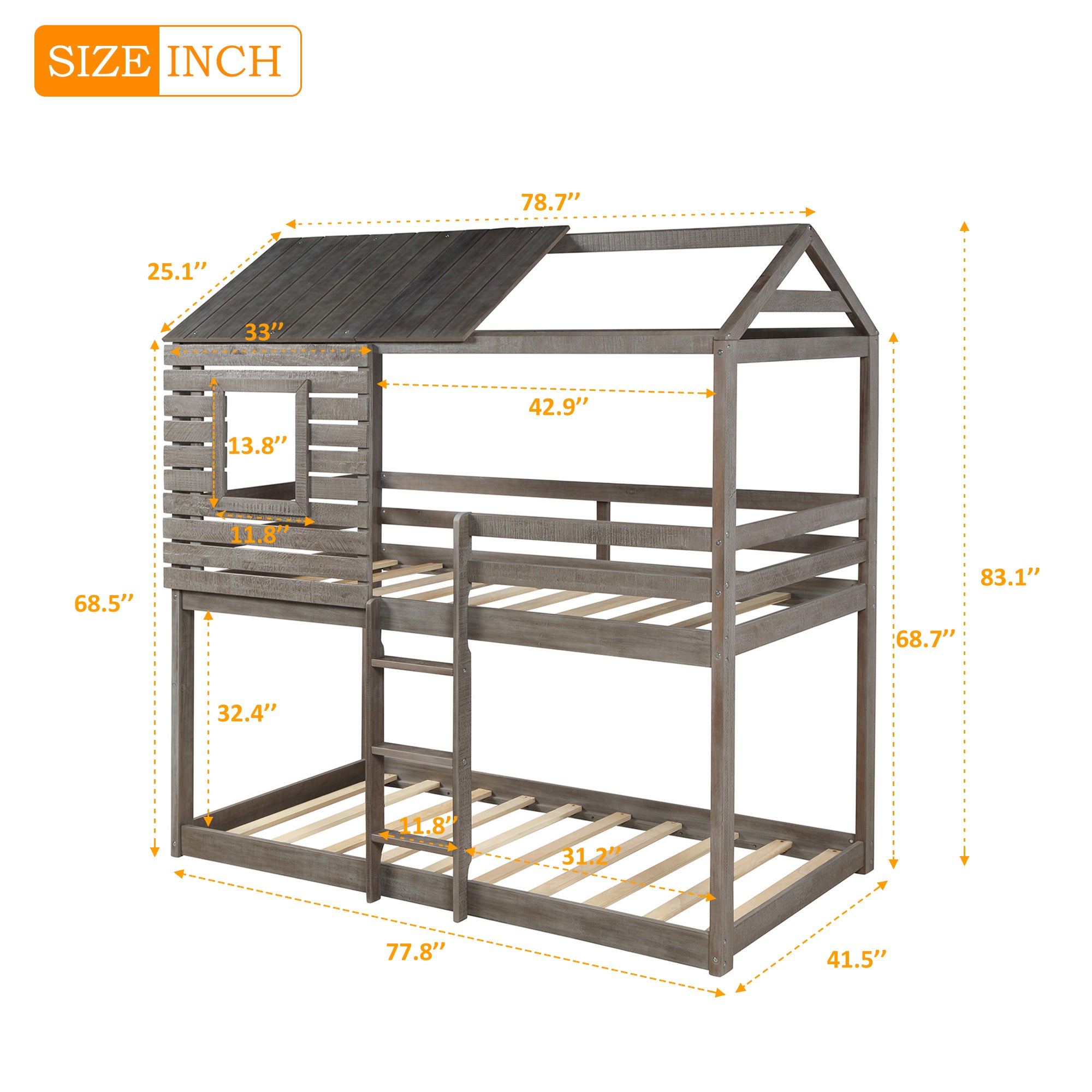 Twin Over Twin Bunk Bed Wood Loft Bed with Roof, Window, Guardrail, Ladder for Kids, Teens, Girls, Boys ( Antique Gray )