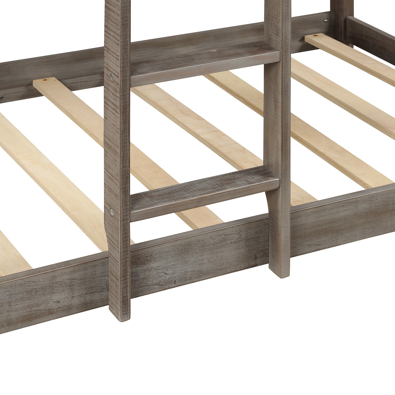 Twin Over Twin Bunk Bed Wood Loft Bed with Roof, Window, Guardrail, Ladder for Kids, Teens, Girls, Boys ( Antique Gray )