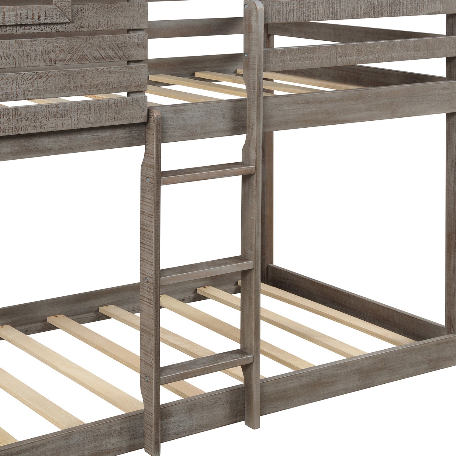 Twin Over Twin Bunk Bed Wood Loft Bed with Roof, Window, Guardrail, Ladder for Kids, Teens, Girls, Boys ( Antique Gray )