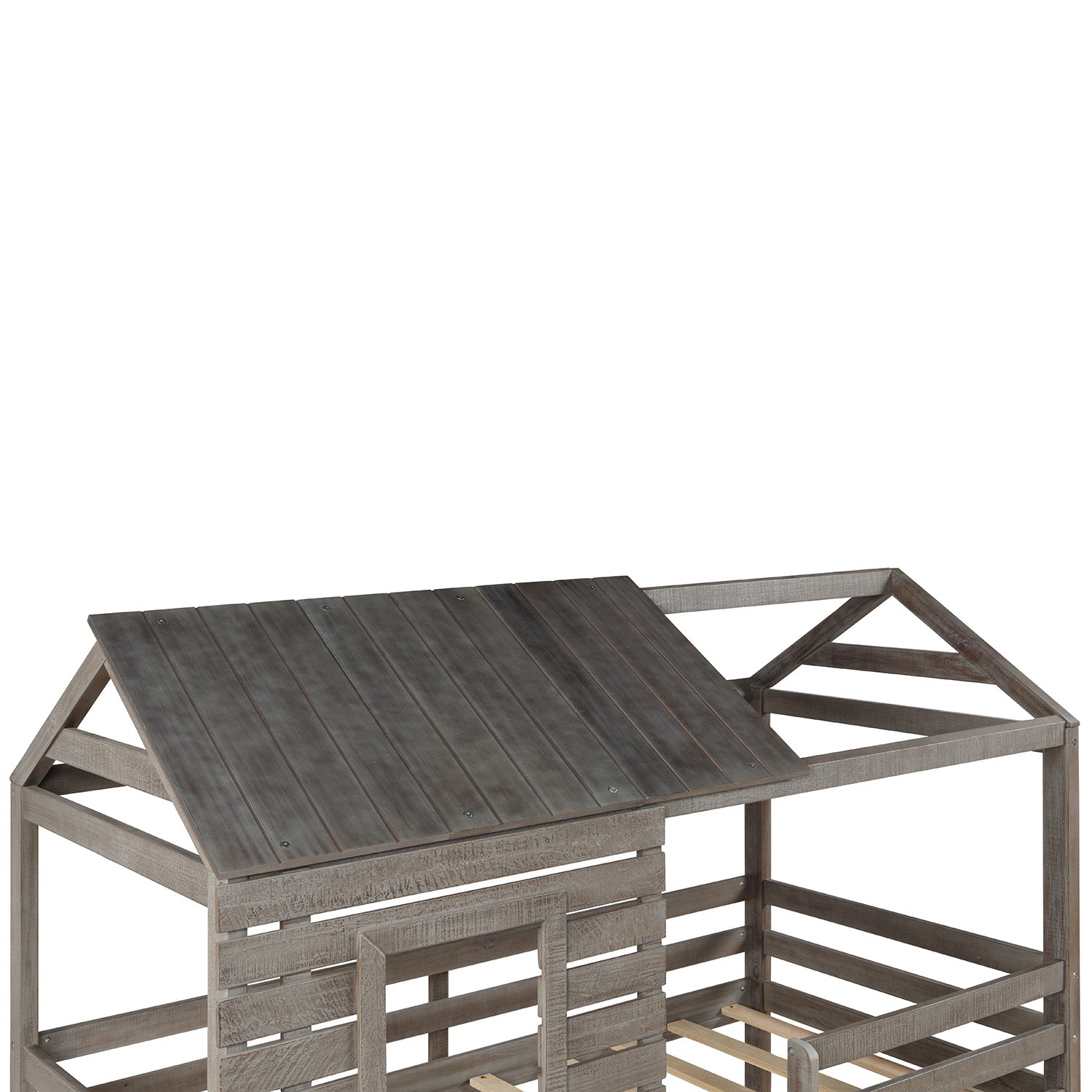 Twin Over Twin Bunk Bed Wood Loft Bed with Roof, Window, Guardrail, Ladder for Kids, Teens, Girls, Boys ( Antique Gray )