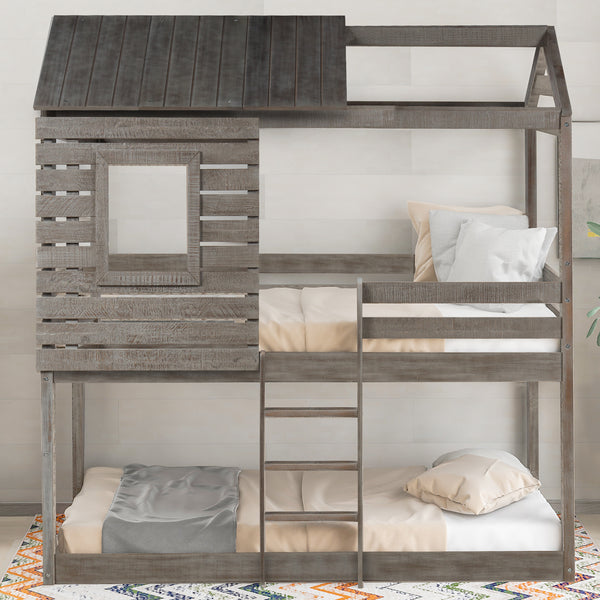 Twin Over Twin Bunk Bed Wood Loft Bed with Roof, Window, Guardrail, Ladder for Kids, Teens, Girls, Boys ( Antique Gray )