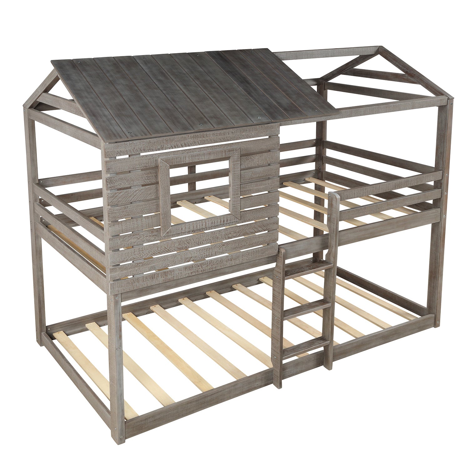Twin Over Twin Bunk Bed Wood Loft Bed with Roof, Window, Guardrail, Ladder for Kids, Teens, Girls, Boys ( Antique Gray )