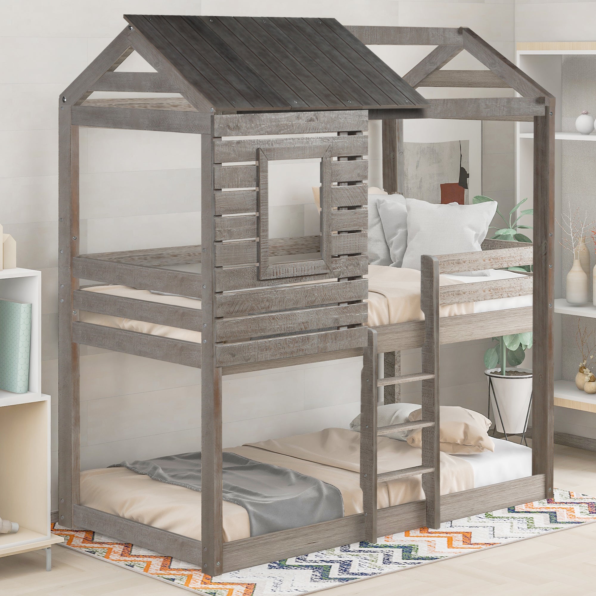 Twin Over Twin Bunk Bed Wood Loft Bed with Roof, Window, Guardrail, Ladder for Kids, Teens, Girls, Boys ( Antique Gray )