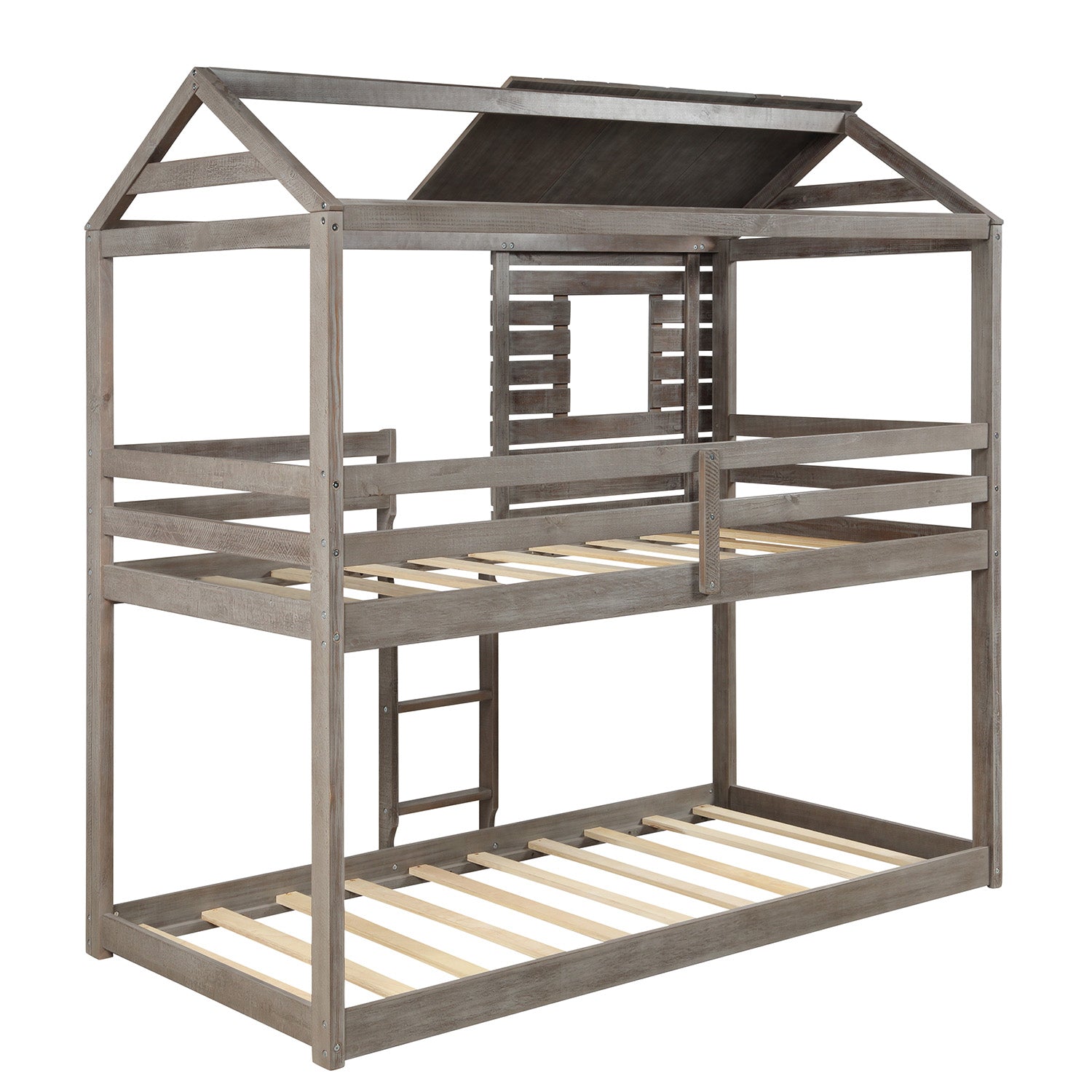 Twin Over Twin Bunk Bed Wood Loft Bed with Roof, Window, Guardrail, Ladder for Kids, Teens, Girls, Boys ( Antique Gray )