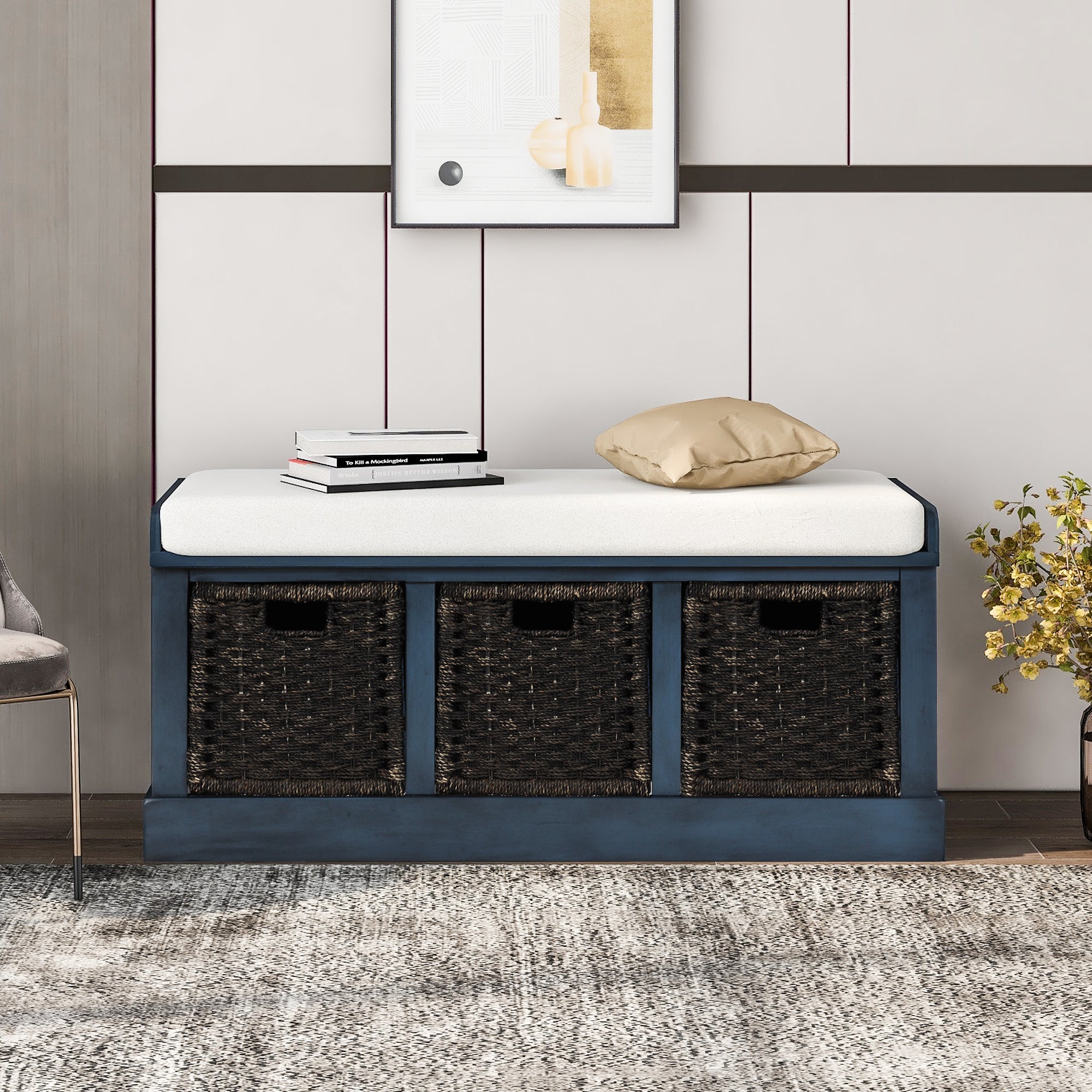 Rustic Storage Bench with 3 Removable Classic Rattan Basket , Entryway Bench with Removable Cushion (Antique Navy)