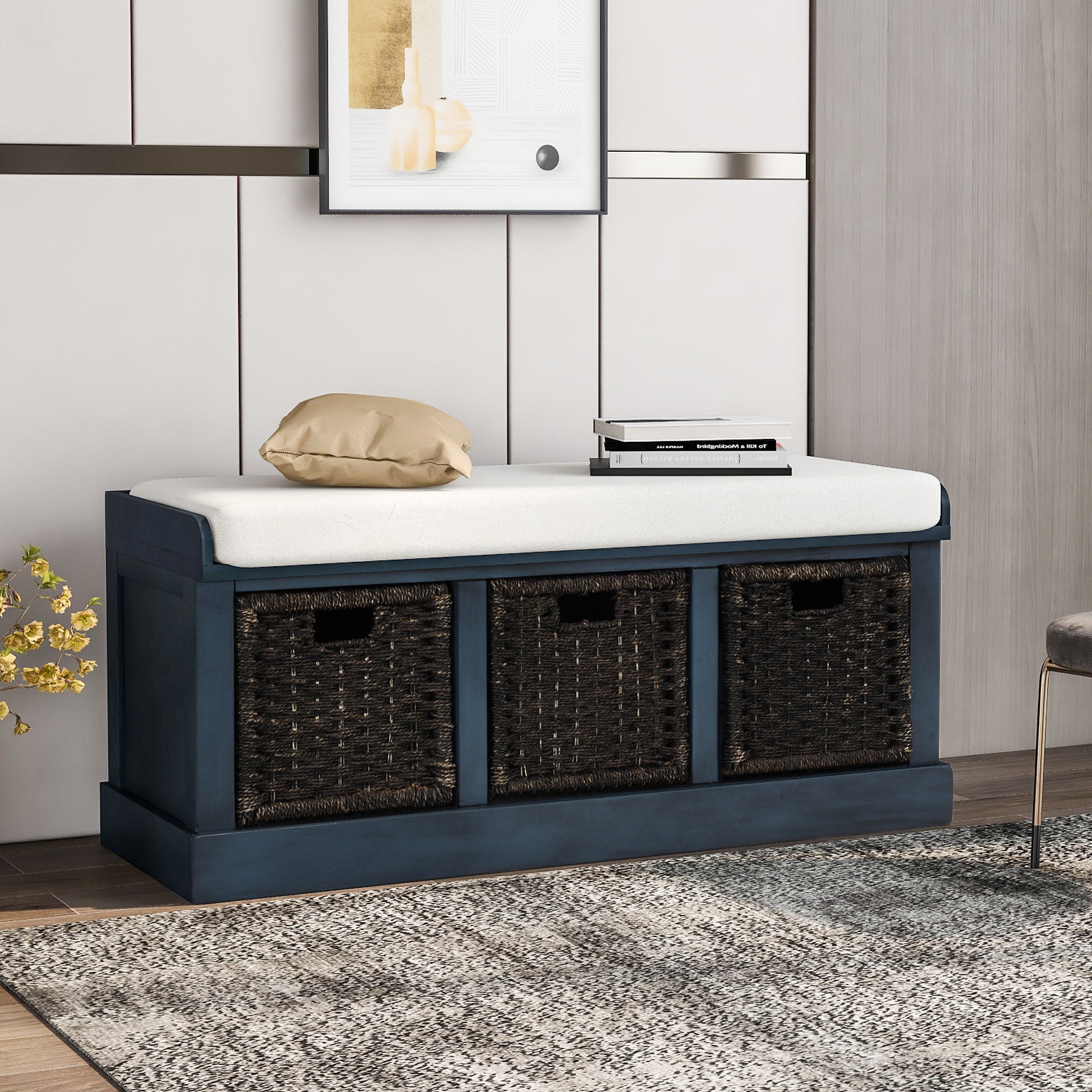 Rustic Storage Bench with 3 Removable Classic Rattan Basket , Entryway Bench with Removable Cushion (Antique Navy)