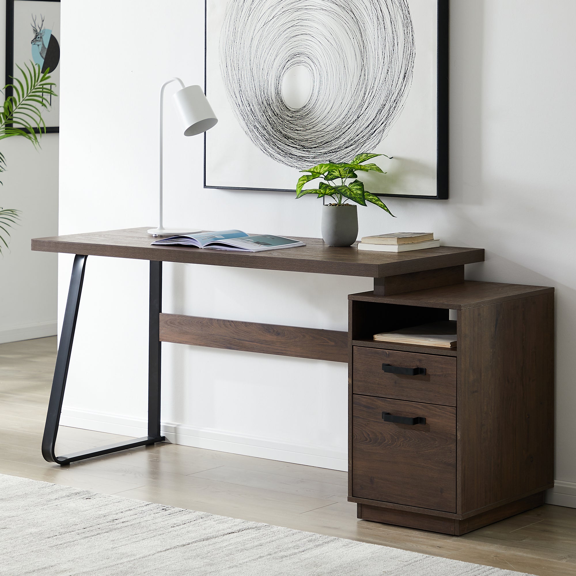 Home Office Computer Desk with drawers/hanging letter-size files/65 inch Writing Study Table with Drawers