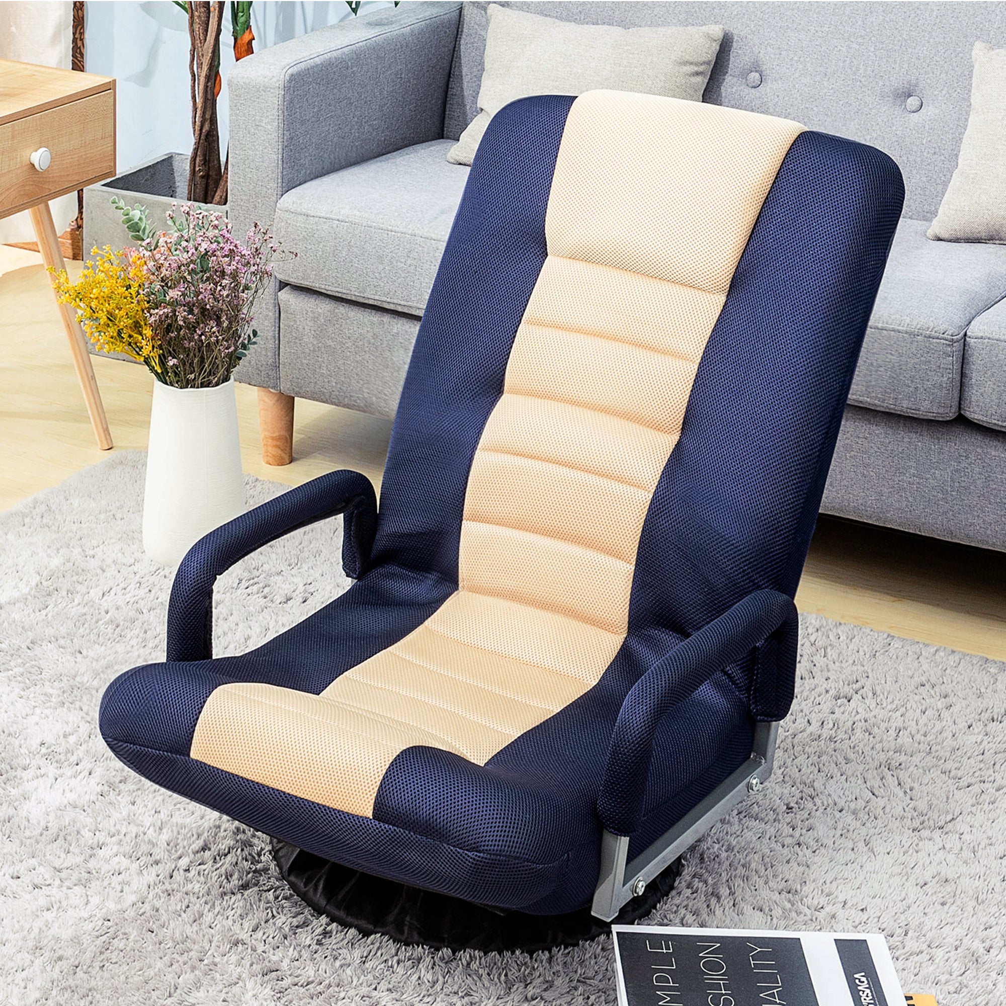 Swivel Video Rocker Gaming Chair Adjustable 7-Position Floor Chair Folding Sofa Lounger,Blue+Beige